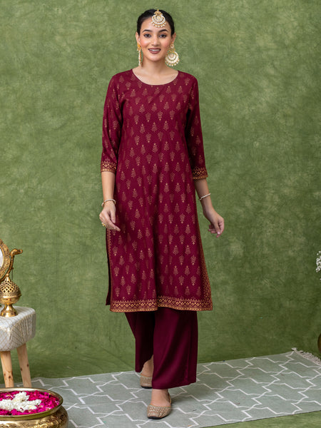 Maroon viscose blend gold print A-line kurta