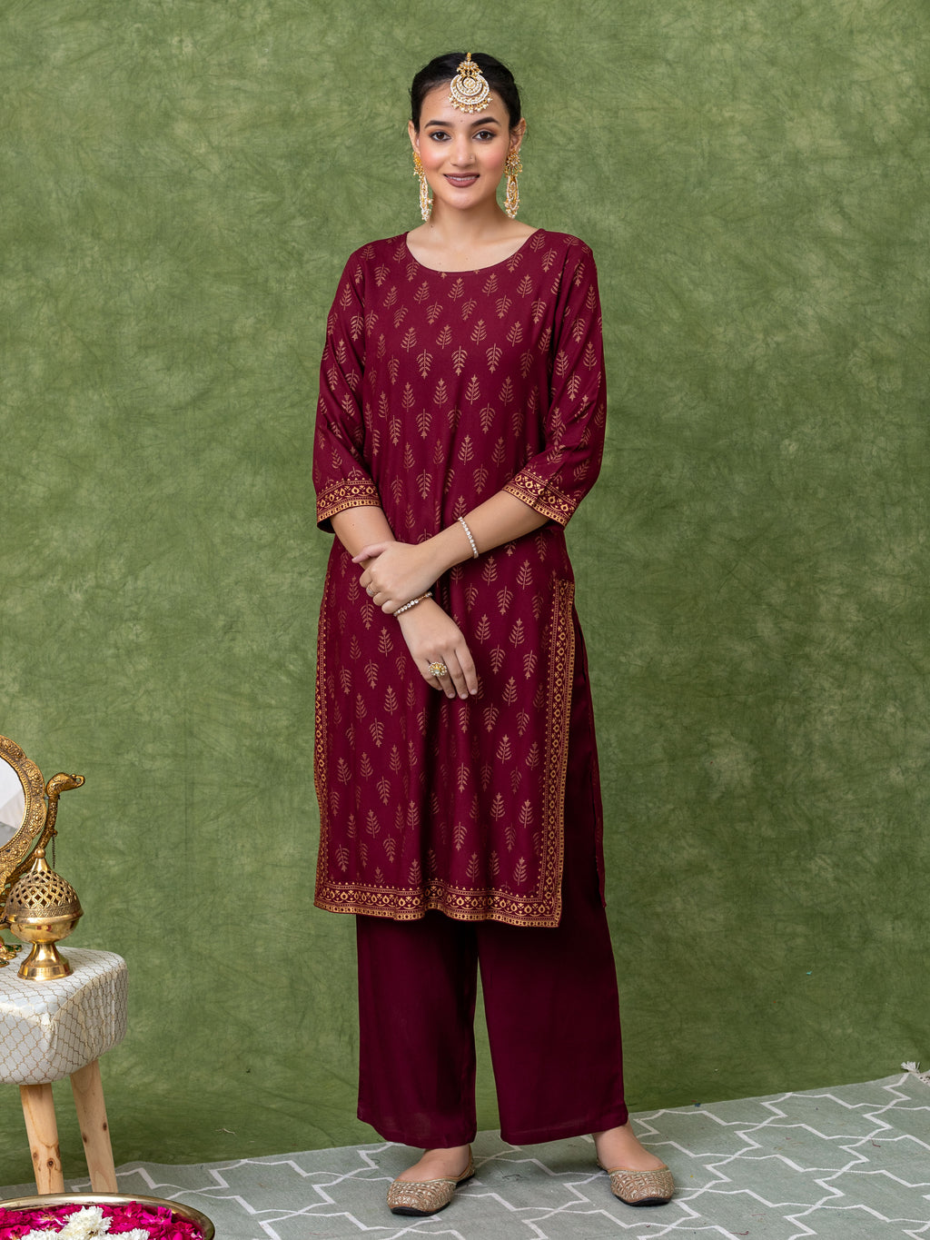 Maroon viscose blend gold print A-line kurta