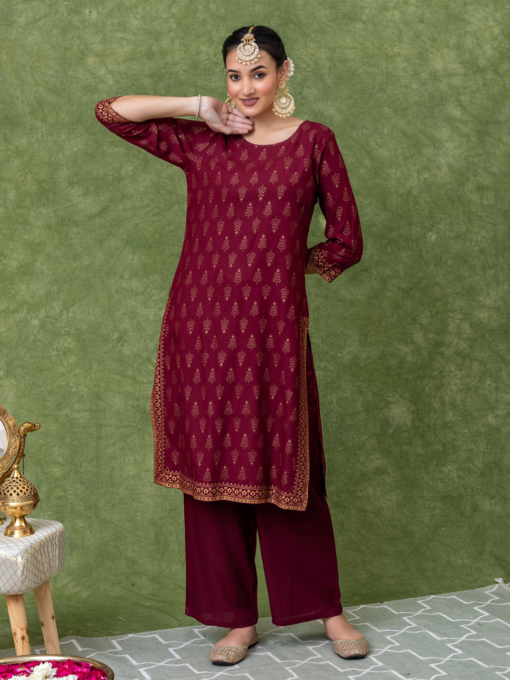 Maroon viscose blend gold print A-line kurta