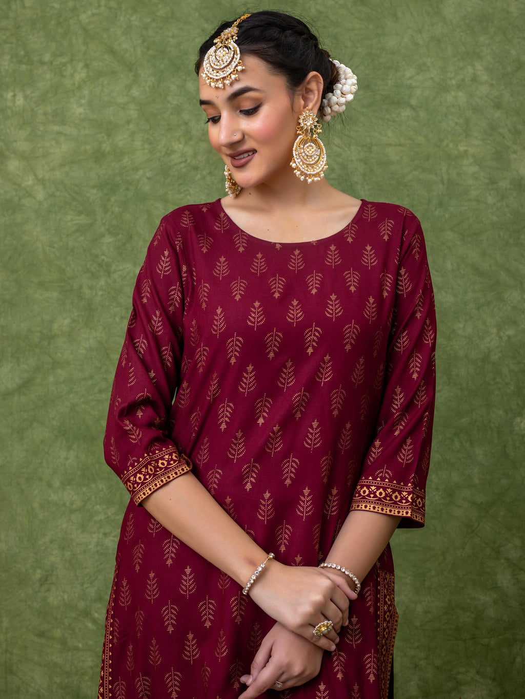 Maroon viscose blend gold print A-line kurta