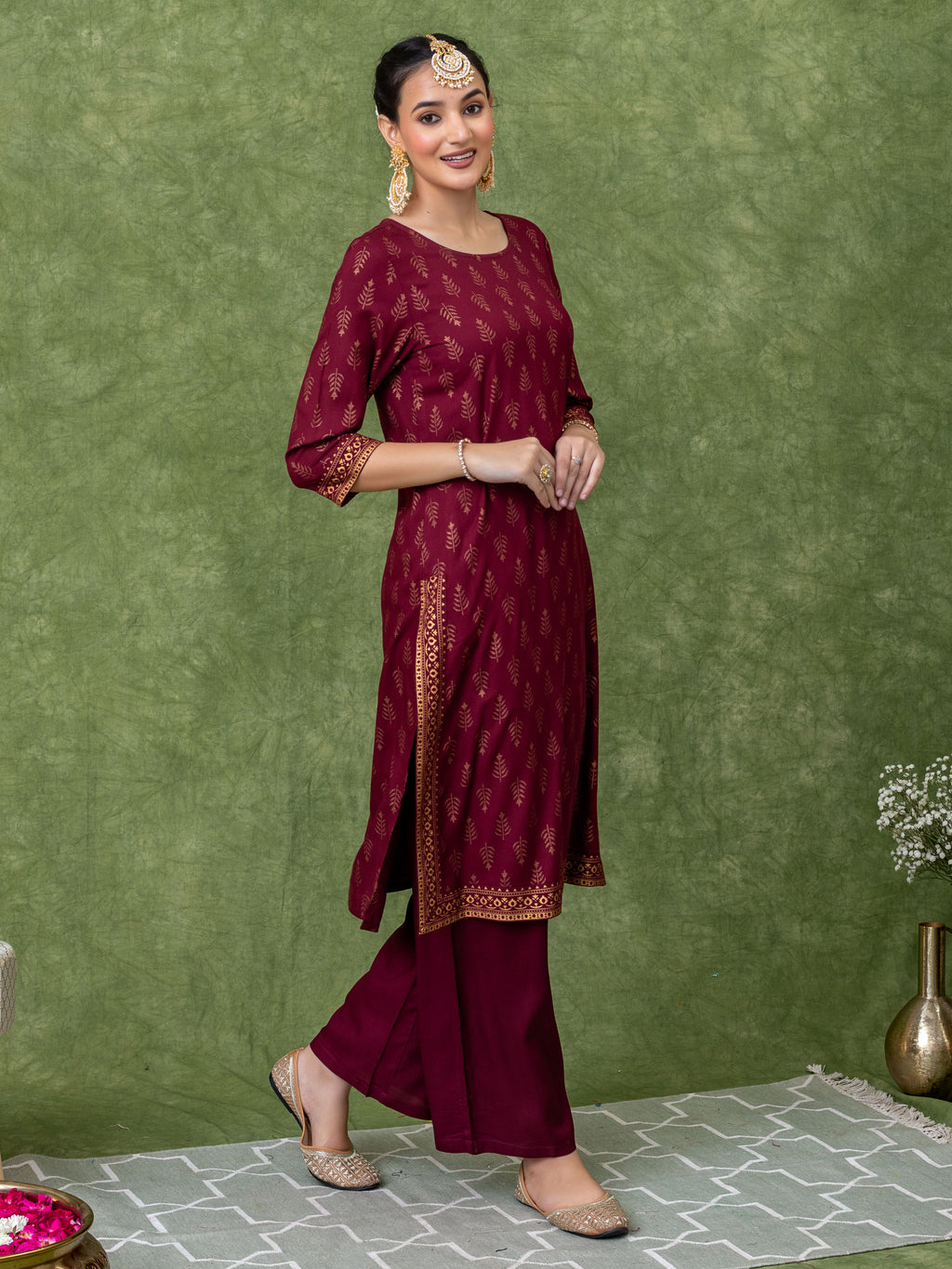 Maroon viscose blend gold print A-line kurta