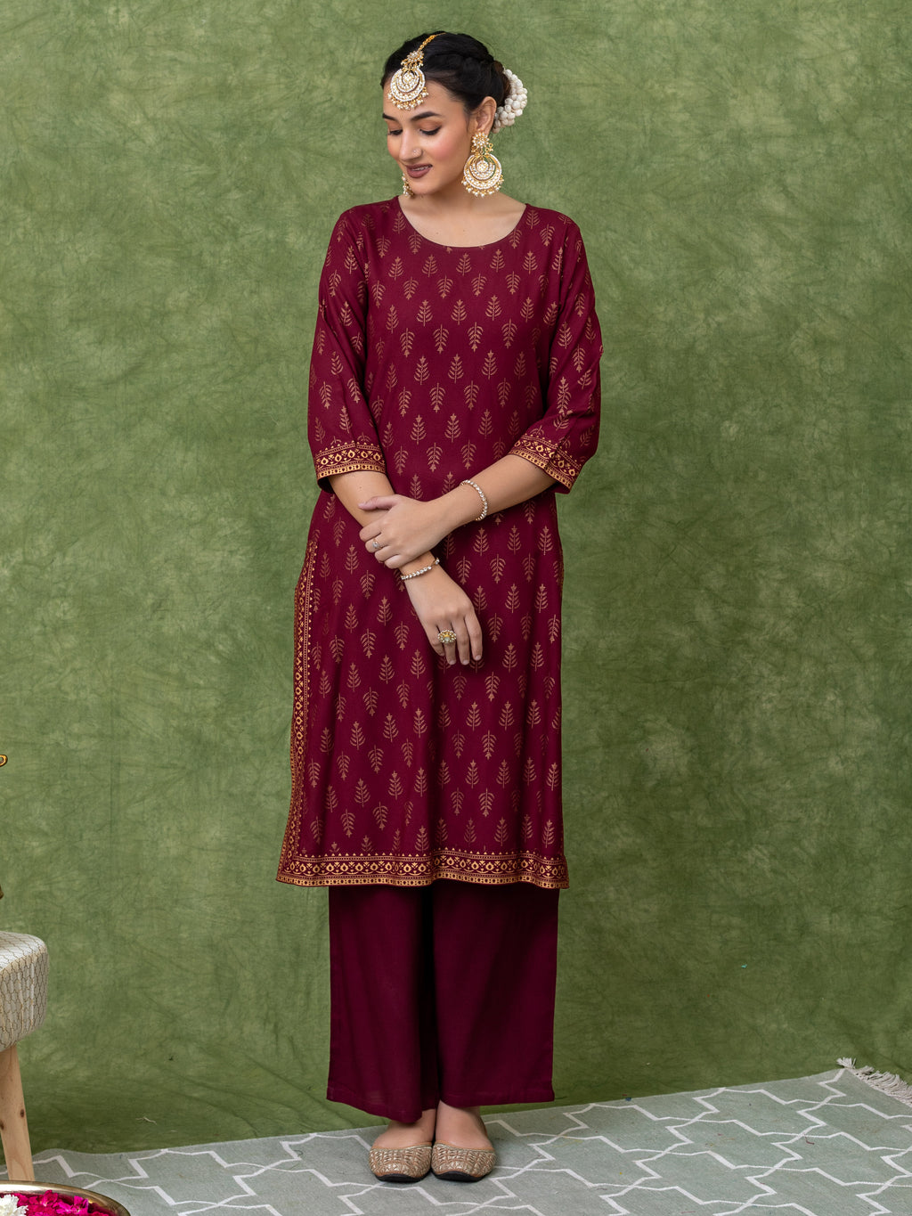 Maroon viscose blend gold print A-line kurta