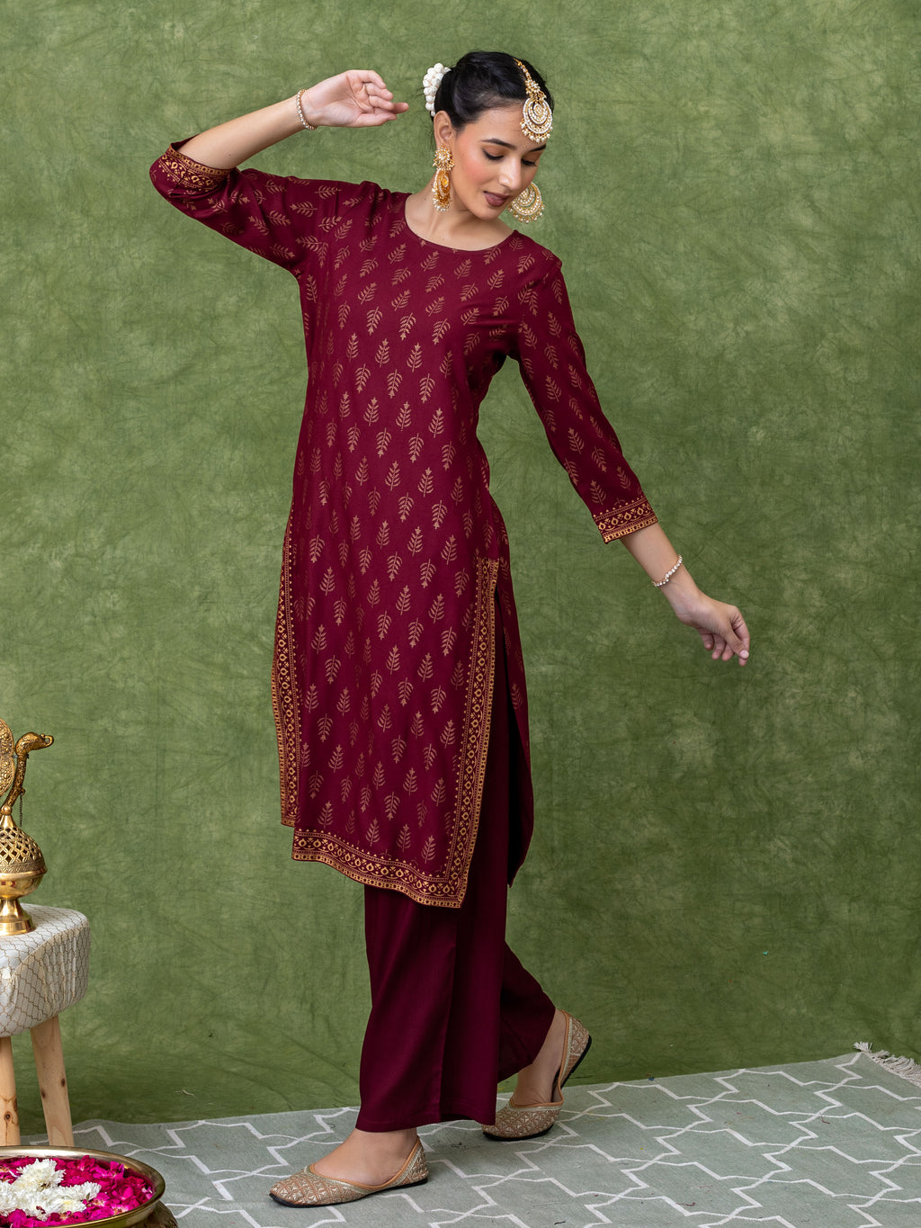 Maroon viscose blend gold print A-line kurta