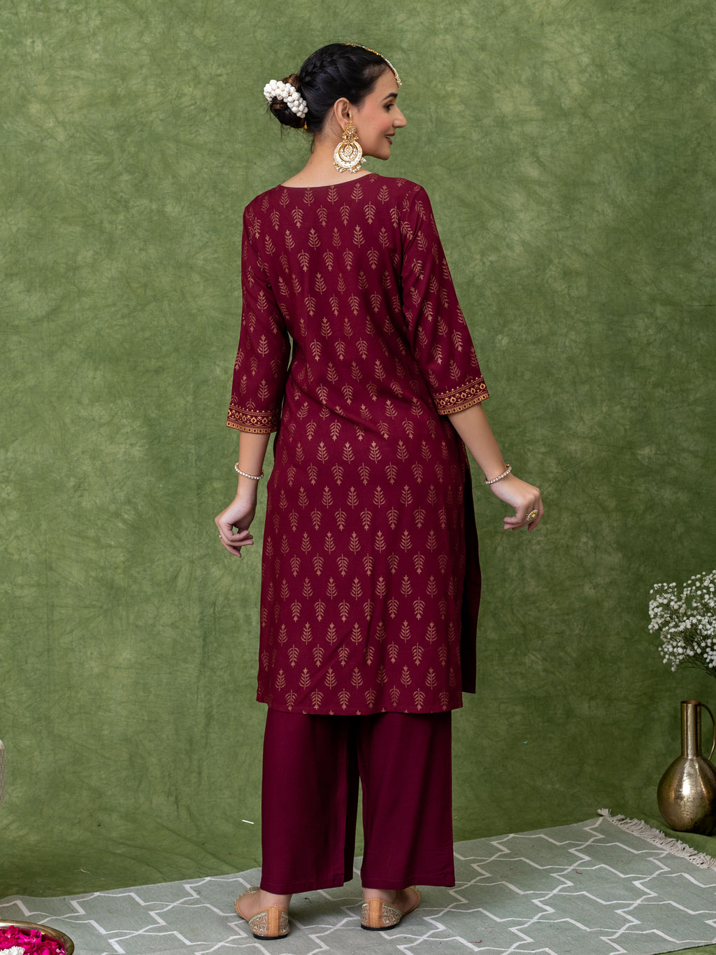 Maroon viscose blend gold print A-line kurta