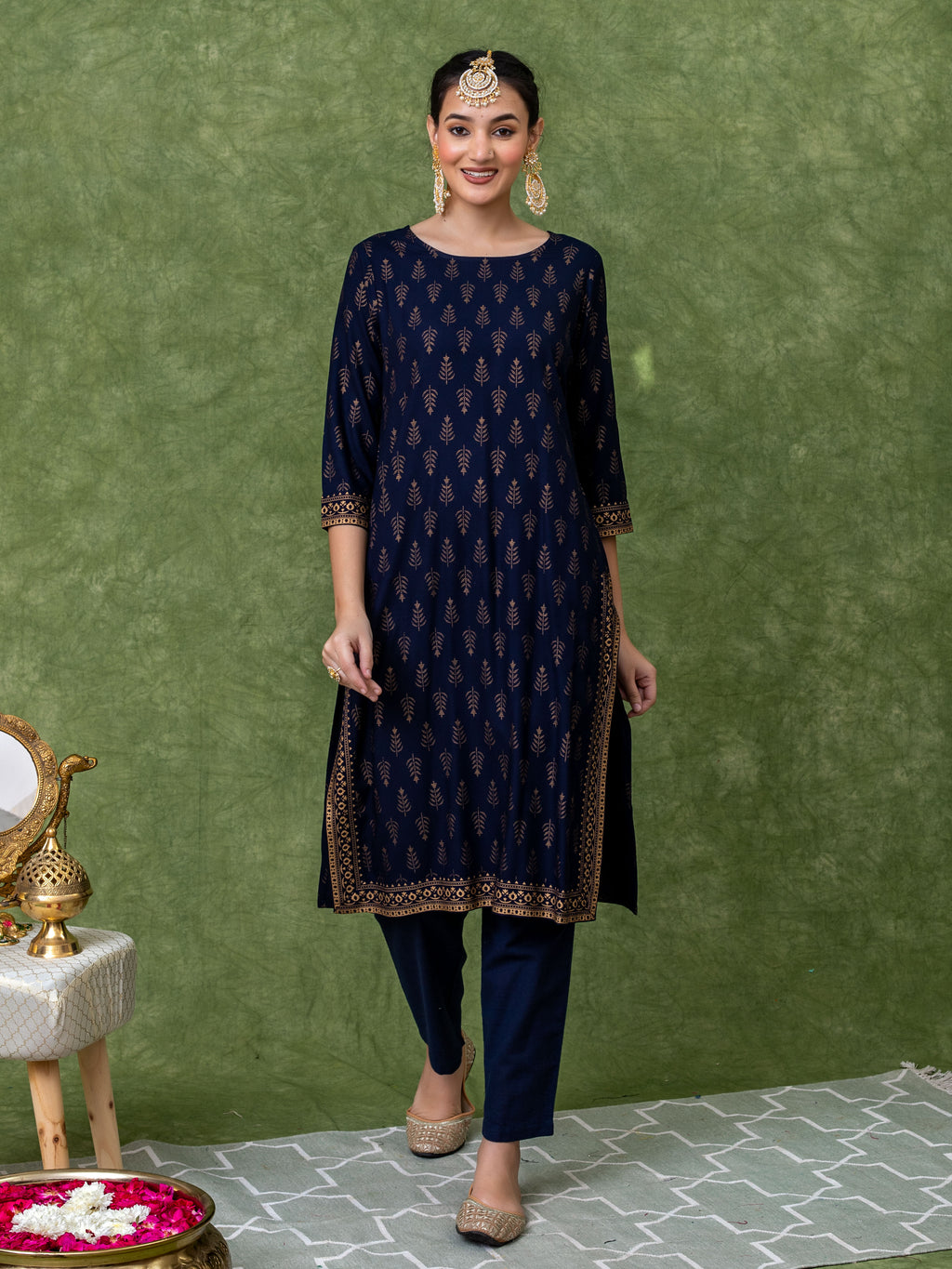 Blue viscose blend gold print A-line kurta