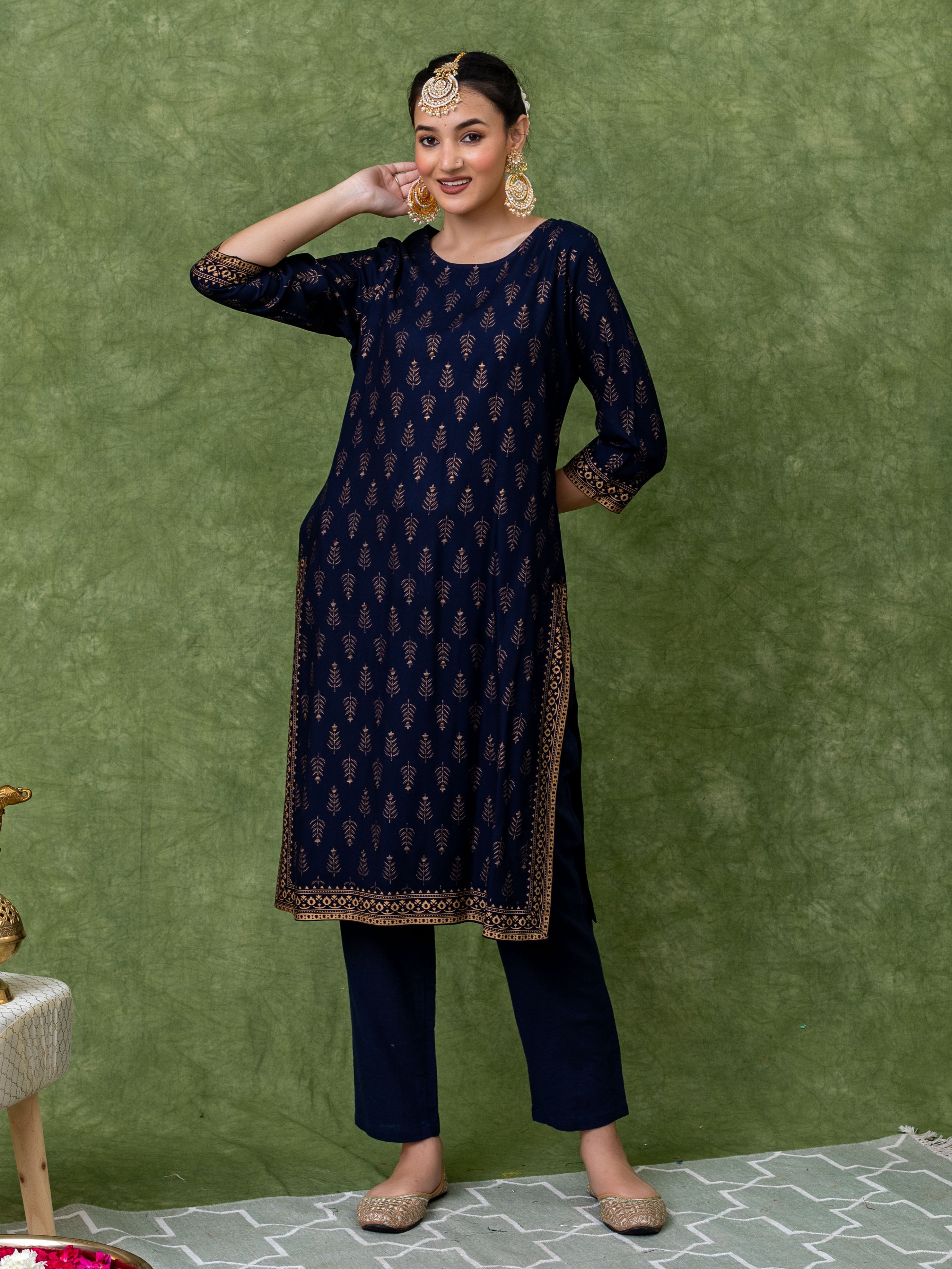 Blue viscose blend gold print A-line kurta