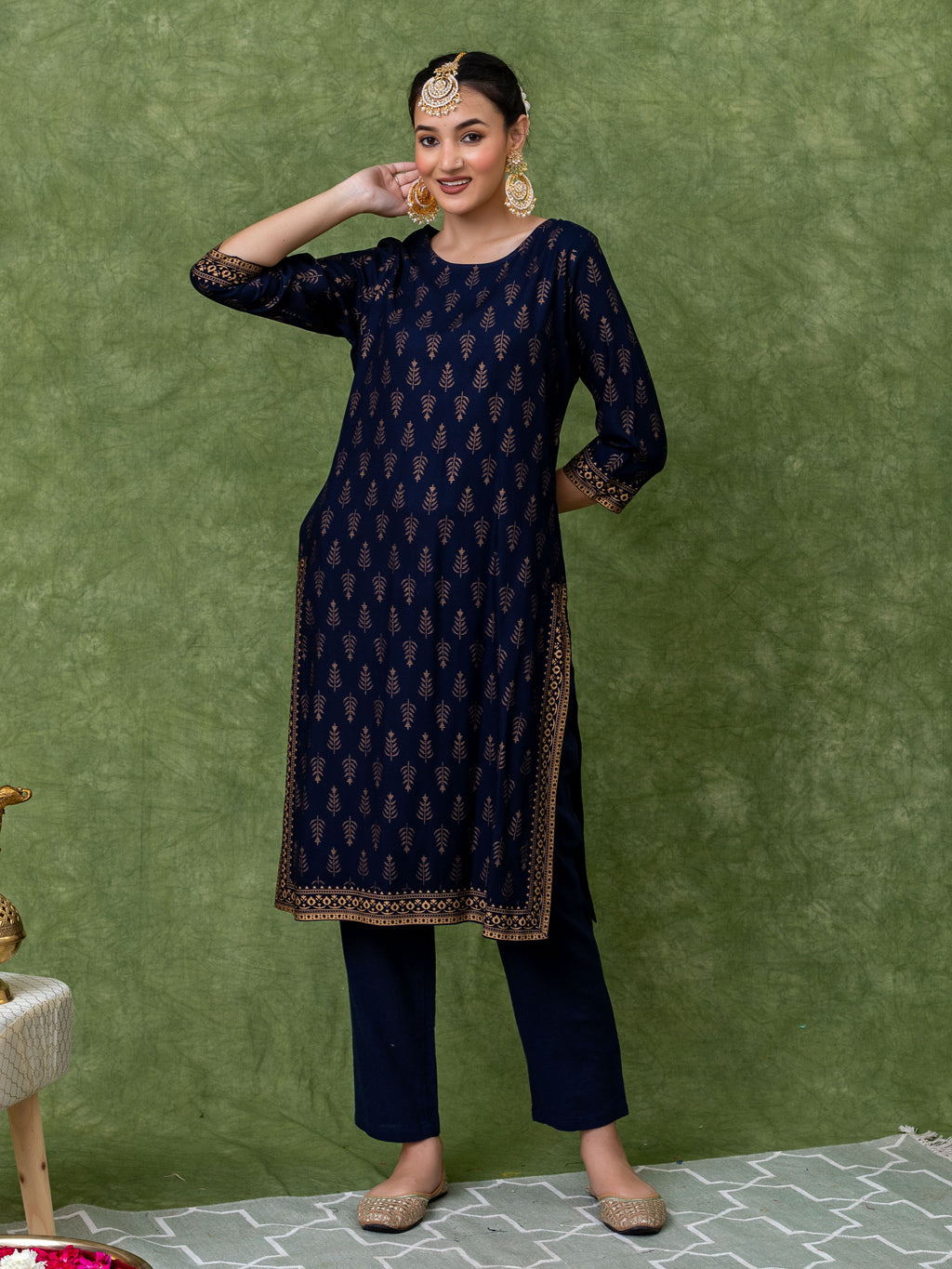 Blue viscose blend gold print A-line kurta