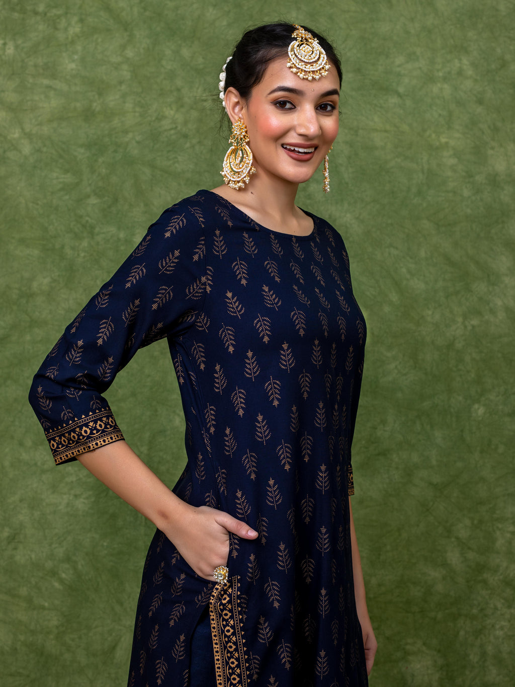 Blue viscose blend gold print A-line kurta