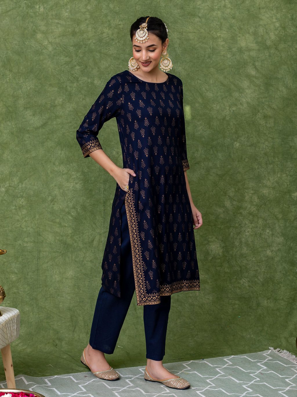 Blue viscose blend gold print A-line kurta