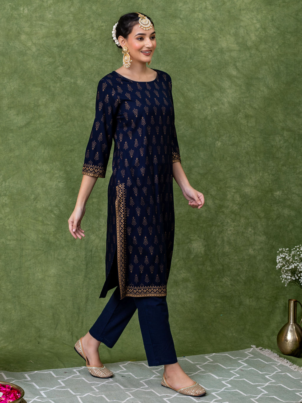 Blue viscose blend gold print A-line kurta