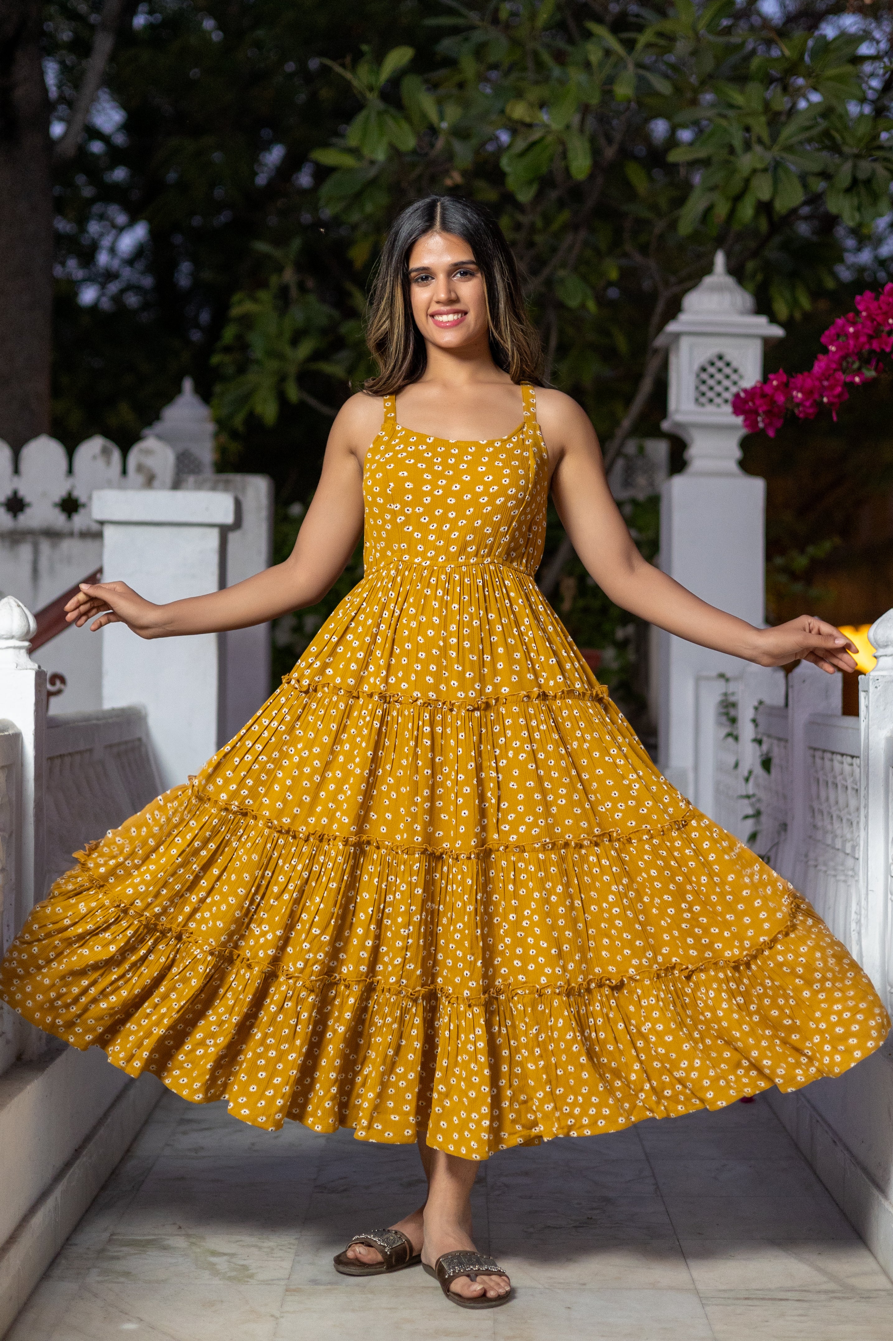 Mustard Viscose Floral Printed Tiered Dress