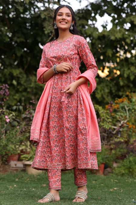 Cotton Fit and Flared Round neck Peach Ethnic dress