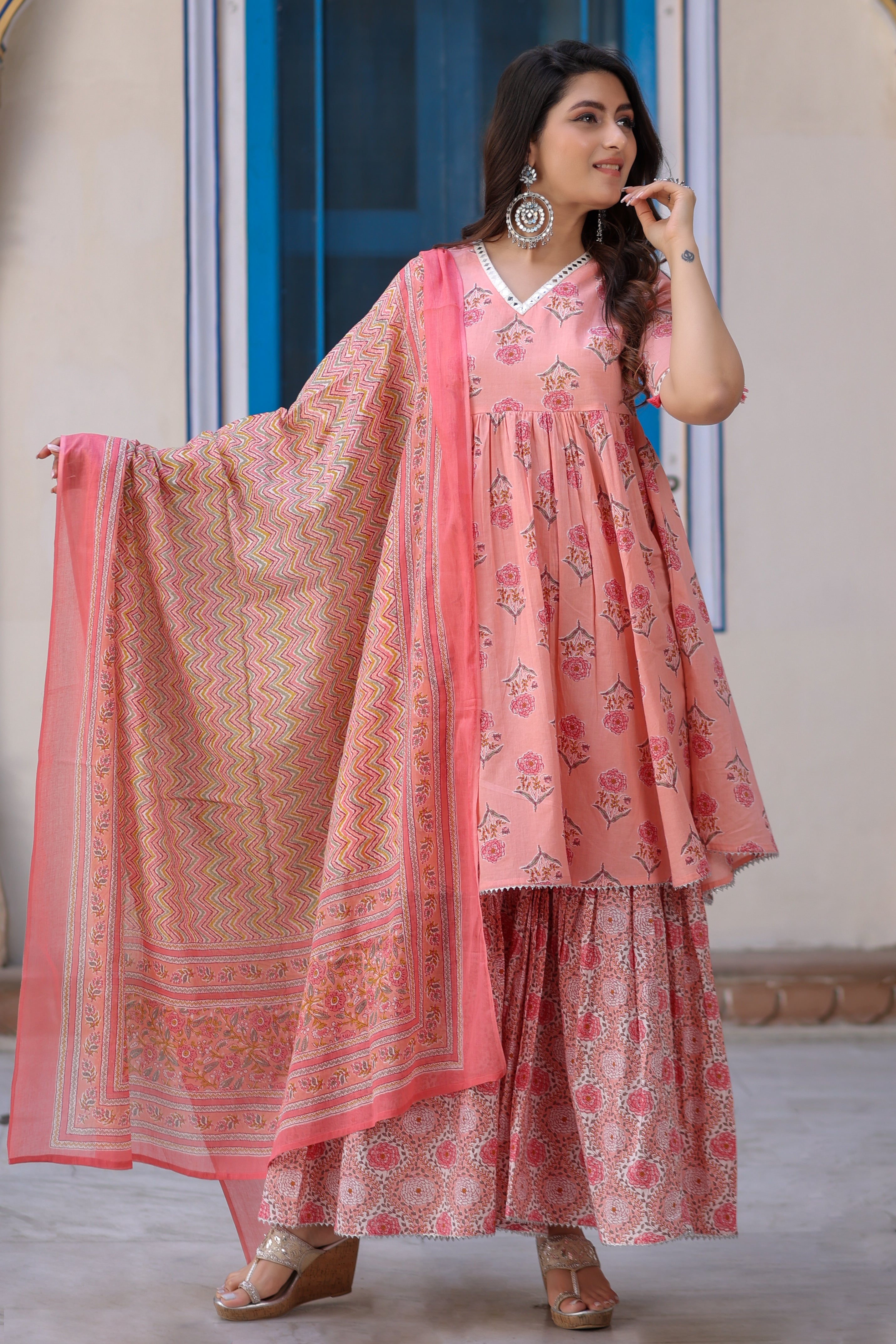 Cotton flared Peach Kurta Set