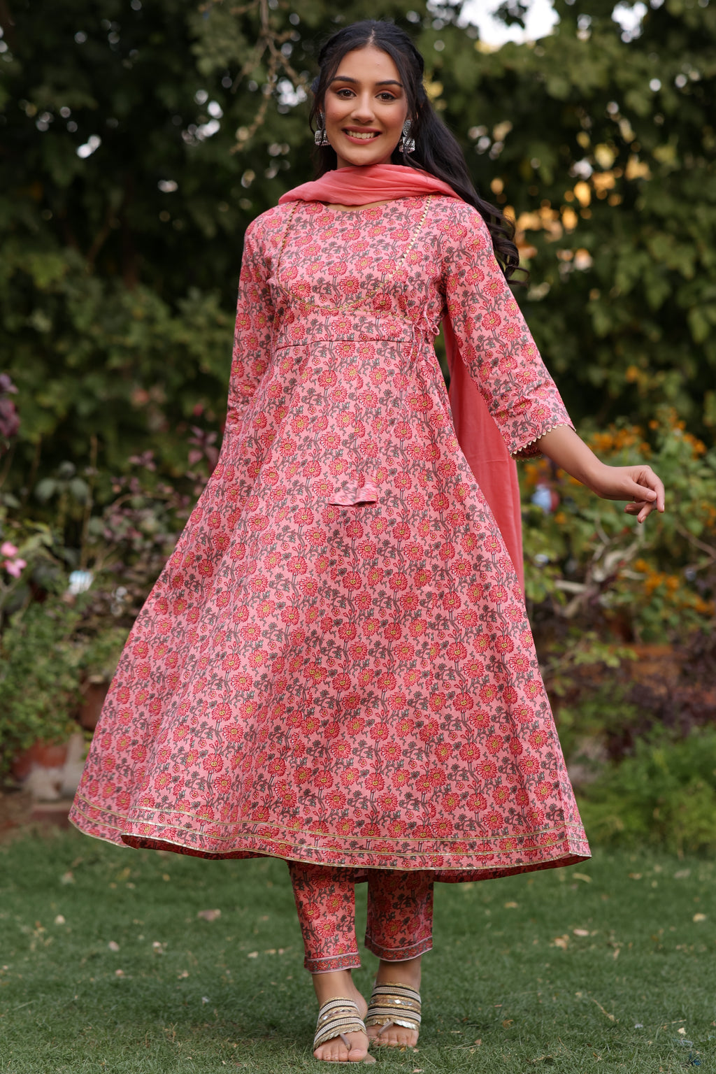 Cotton Fit and Flared Round neck Peach Ethnic dress