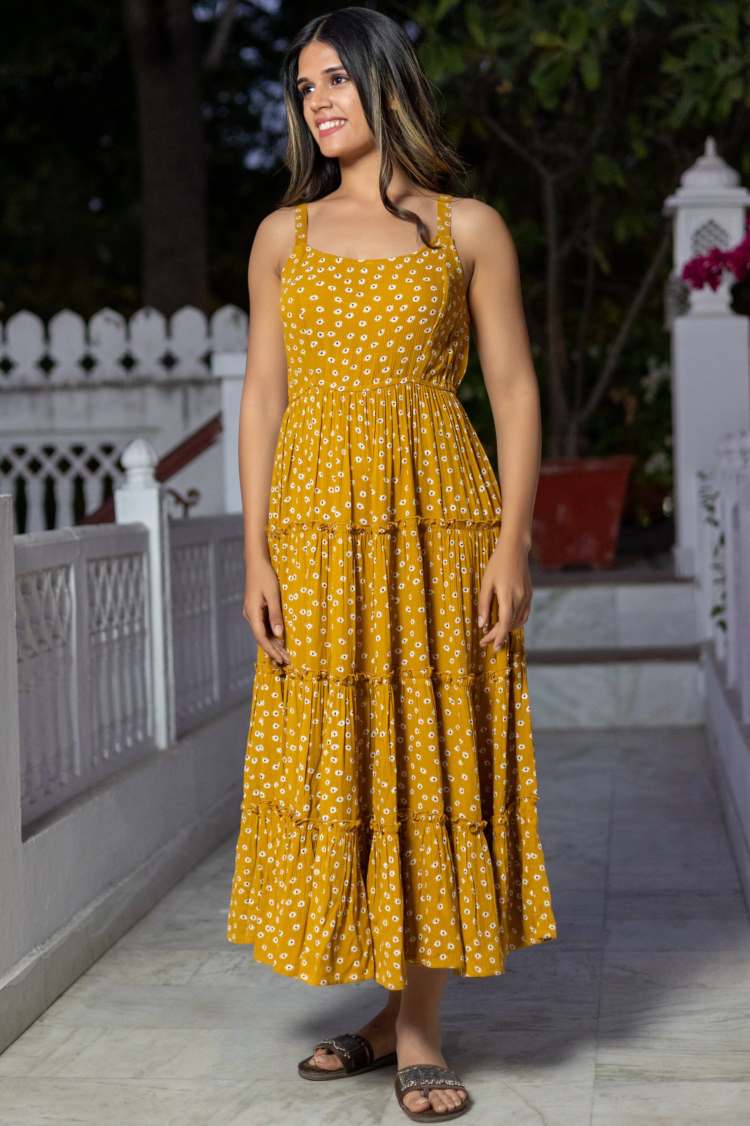 Mustard Viscose Floral Printed Tiered Dress