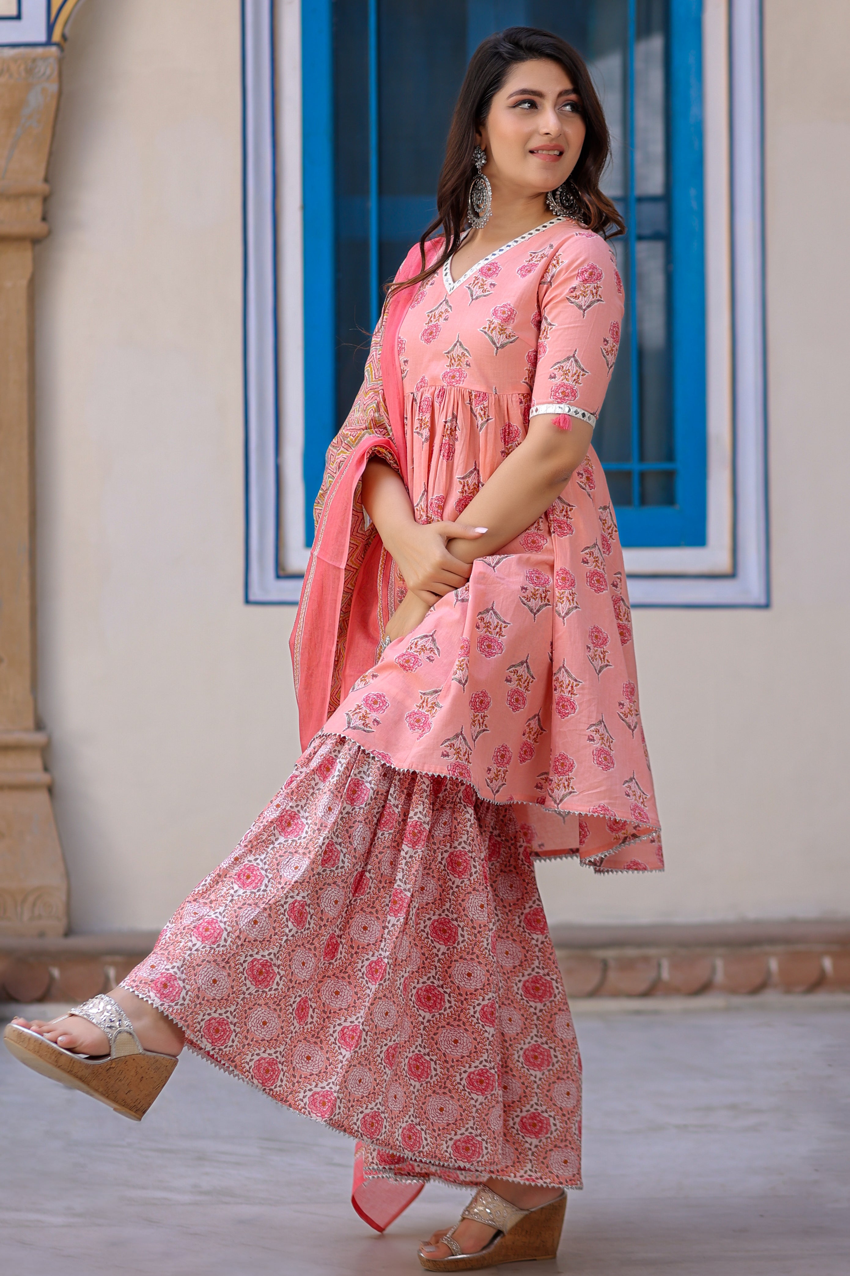 Cotton flared Peach Kurta Set