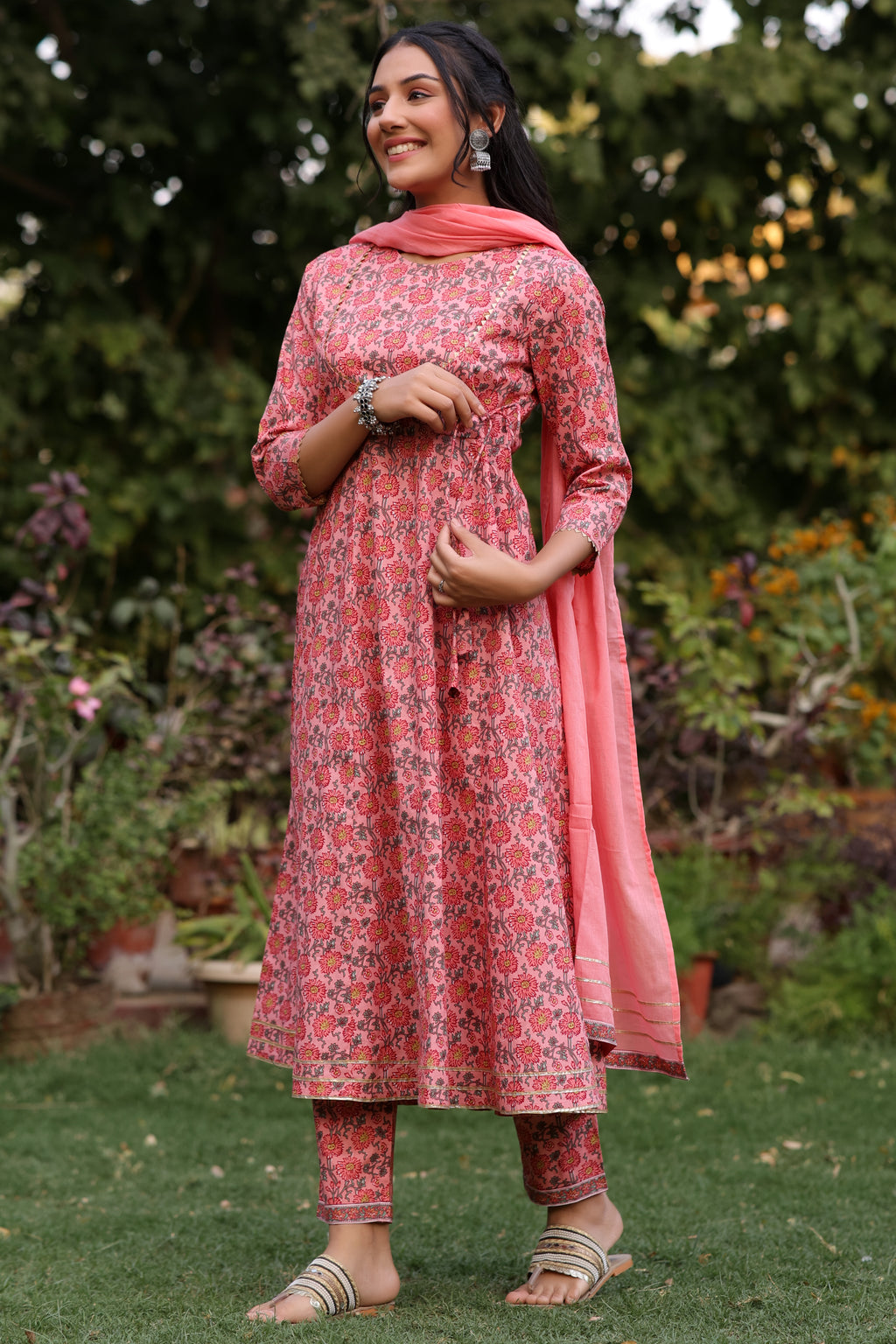 Cotton Fit and Flared Round neck Peach Ethnic dress