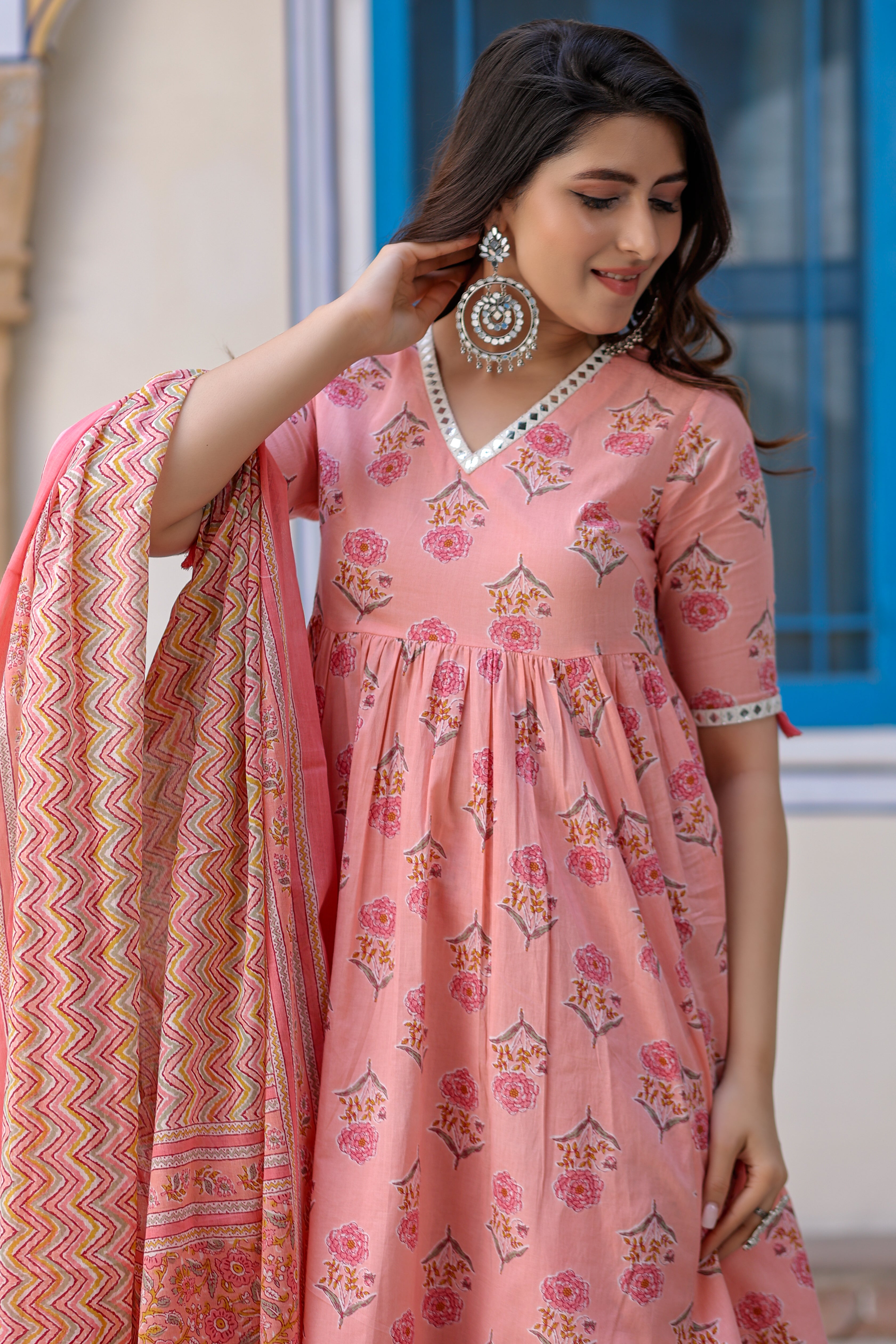 Cotton flared Peach Kurta Set