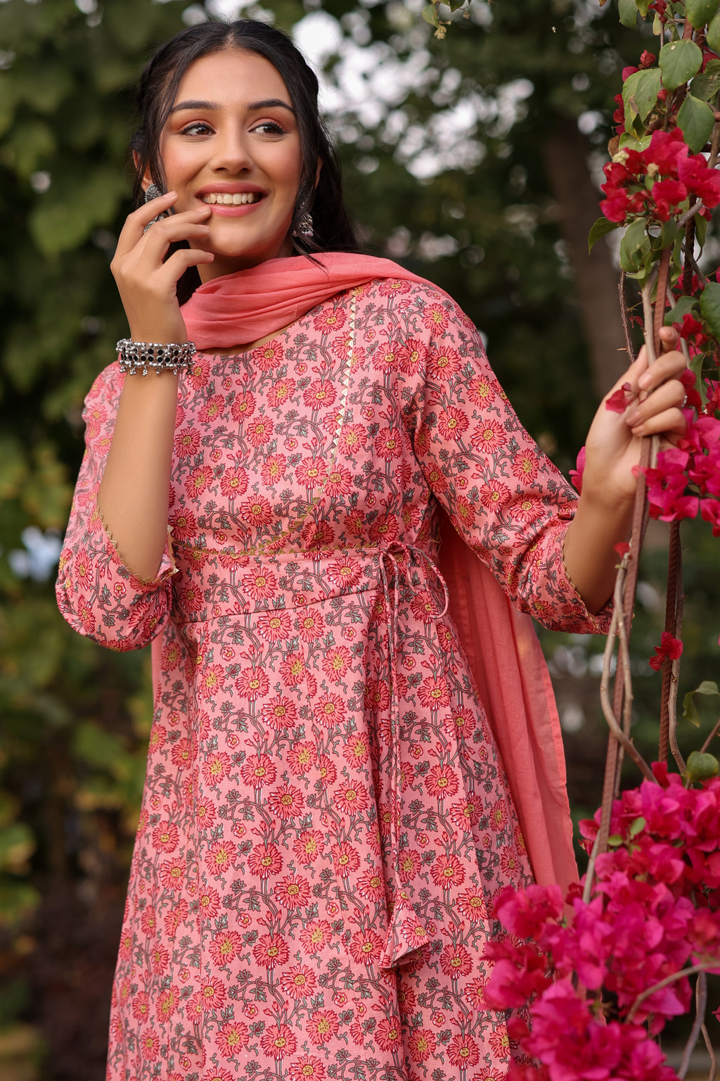 Cotton Fit and Flared Round neck Peach Ethnic dress