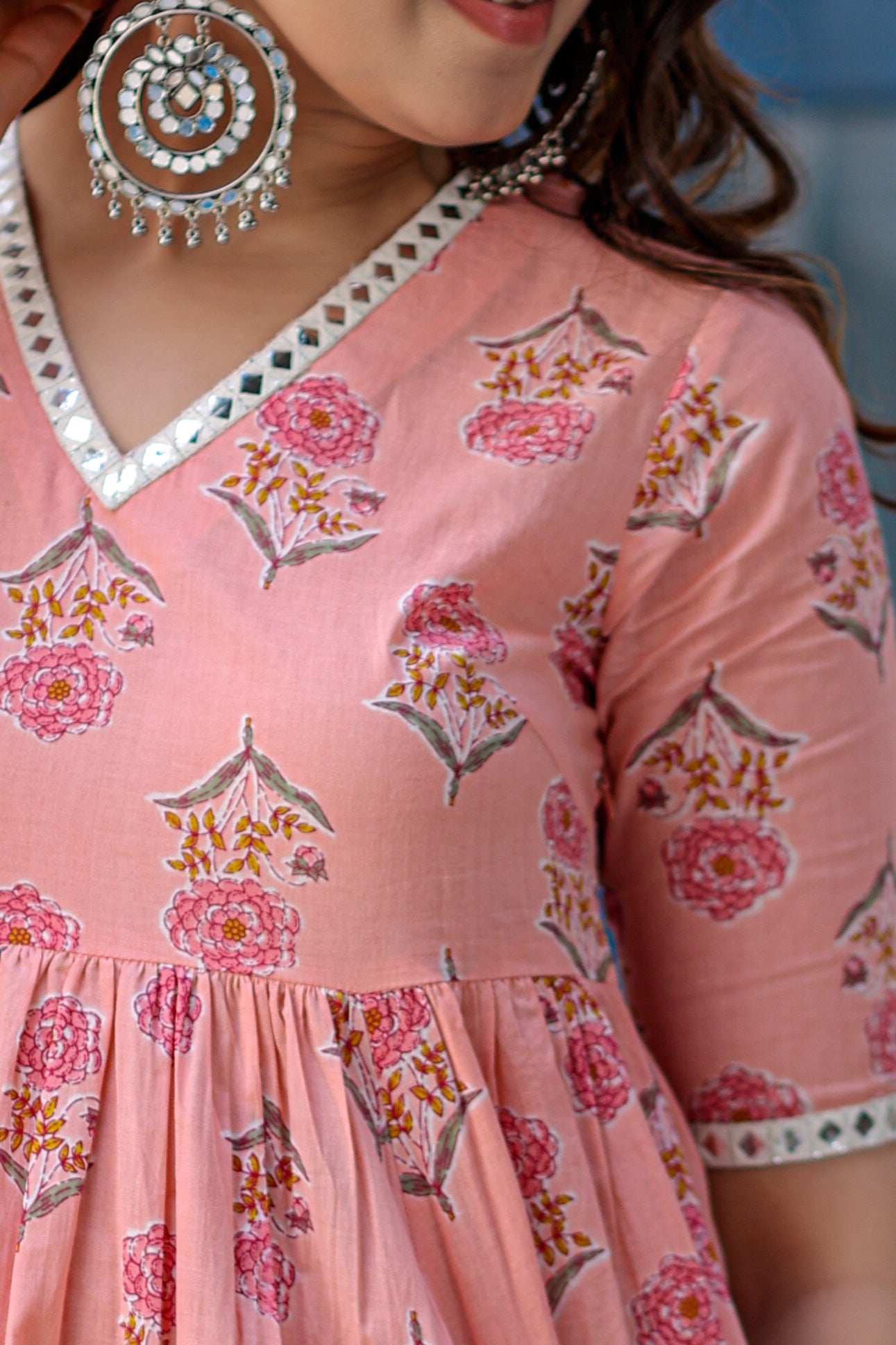 Cotton flared Peach Kurta Set