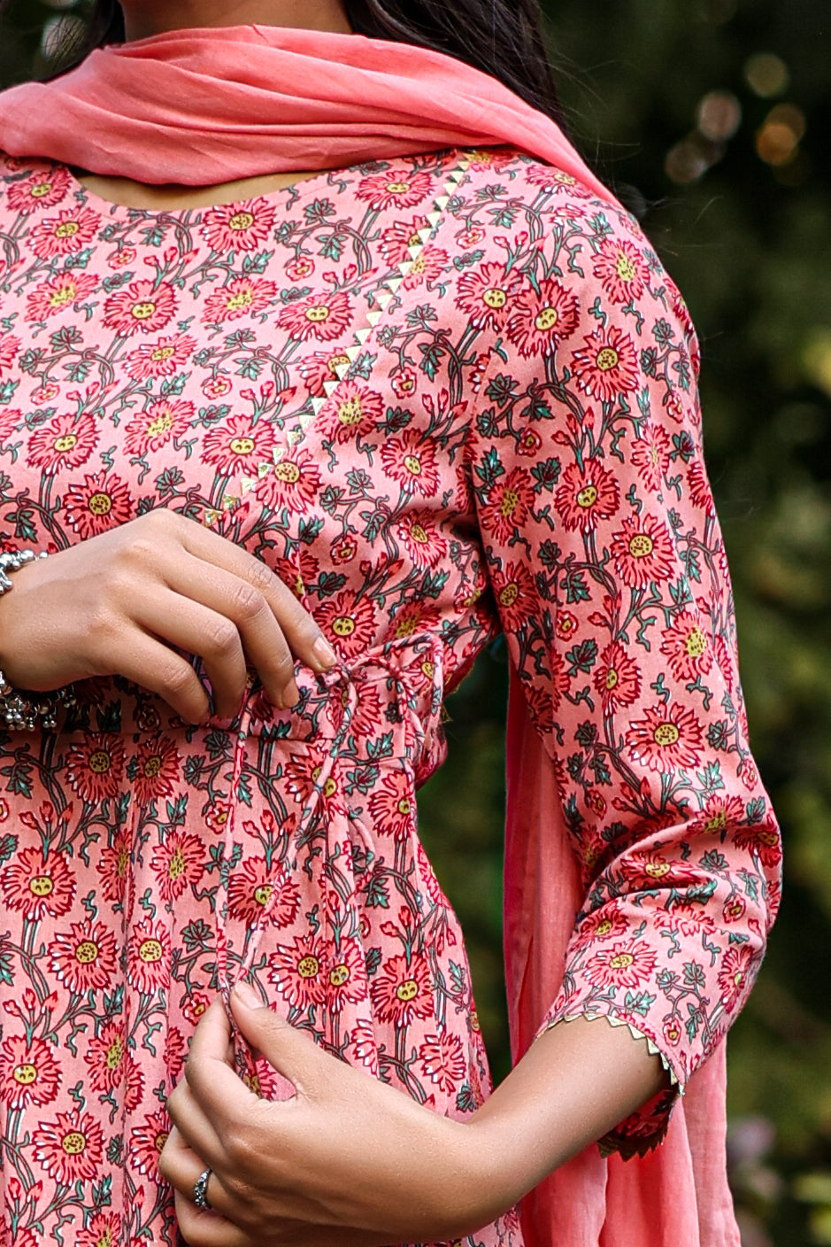 Cotton Fit and Flared Round neck Peach Ethnic dress