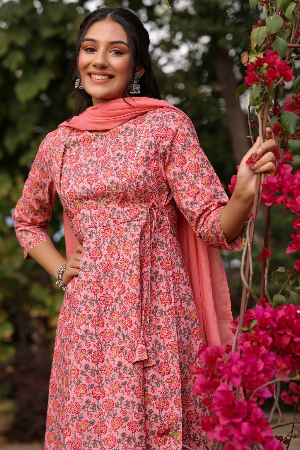 Cotton Fit and Flared Round neck Peach Ethnic dress