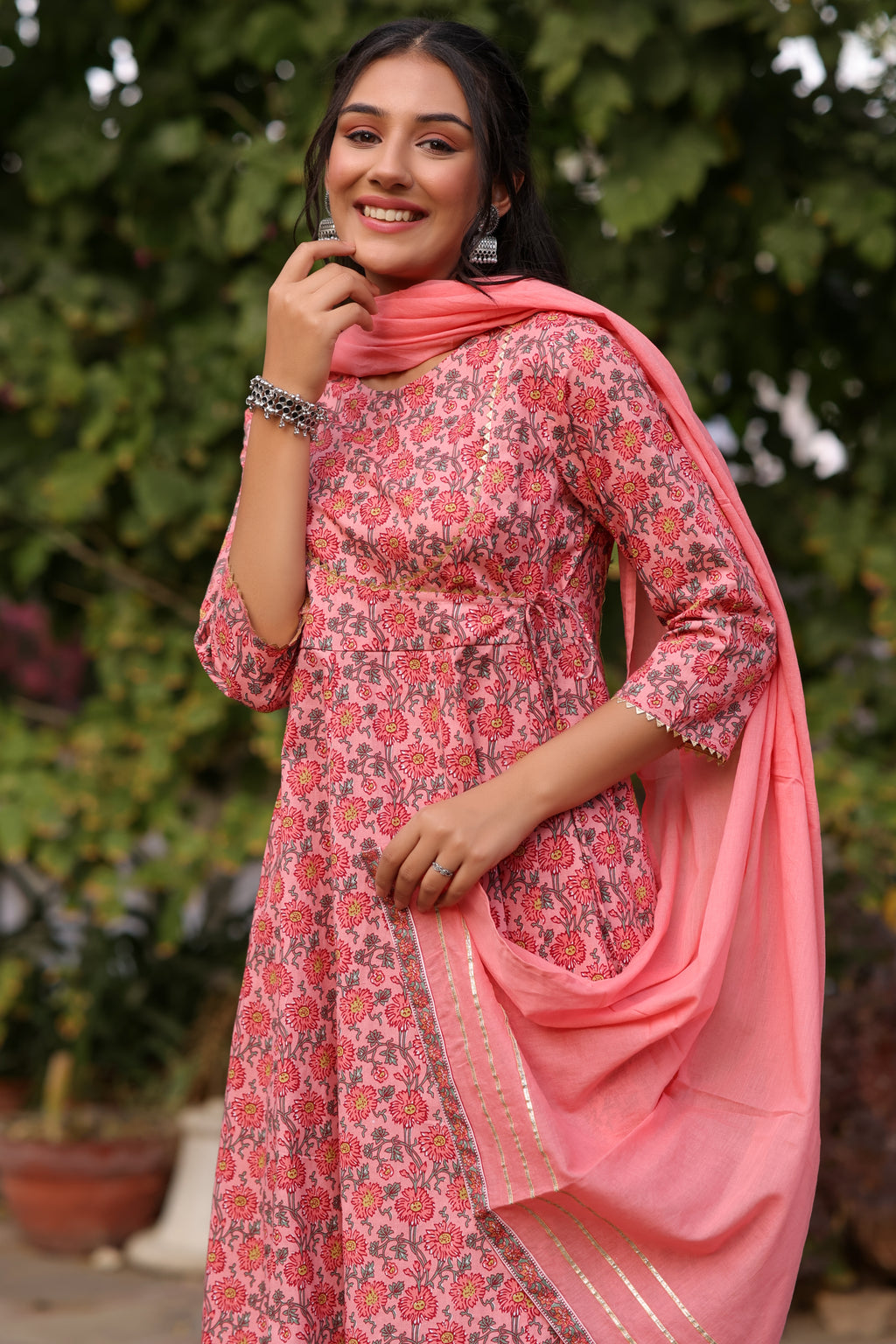 Cotton Fit and Flared Round neck Peach Ethnic dress