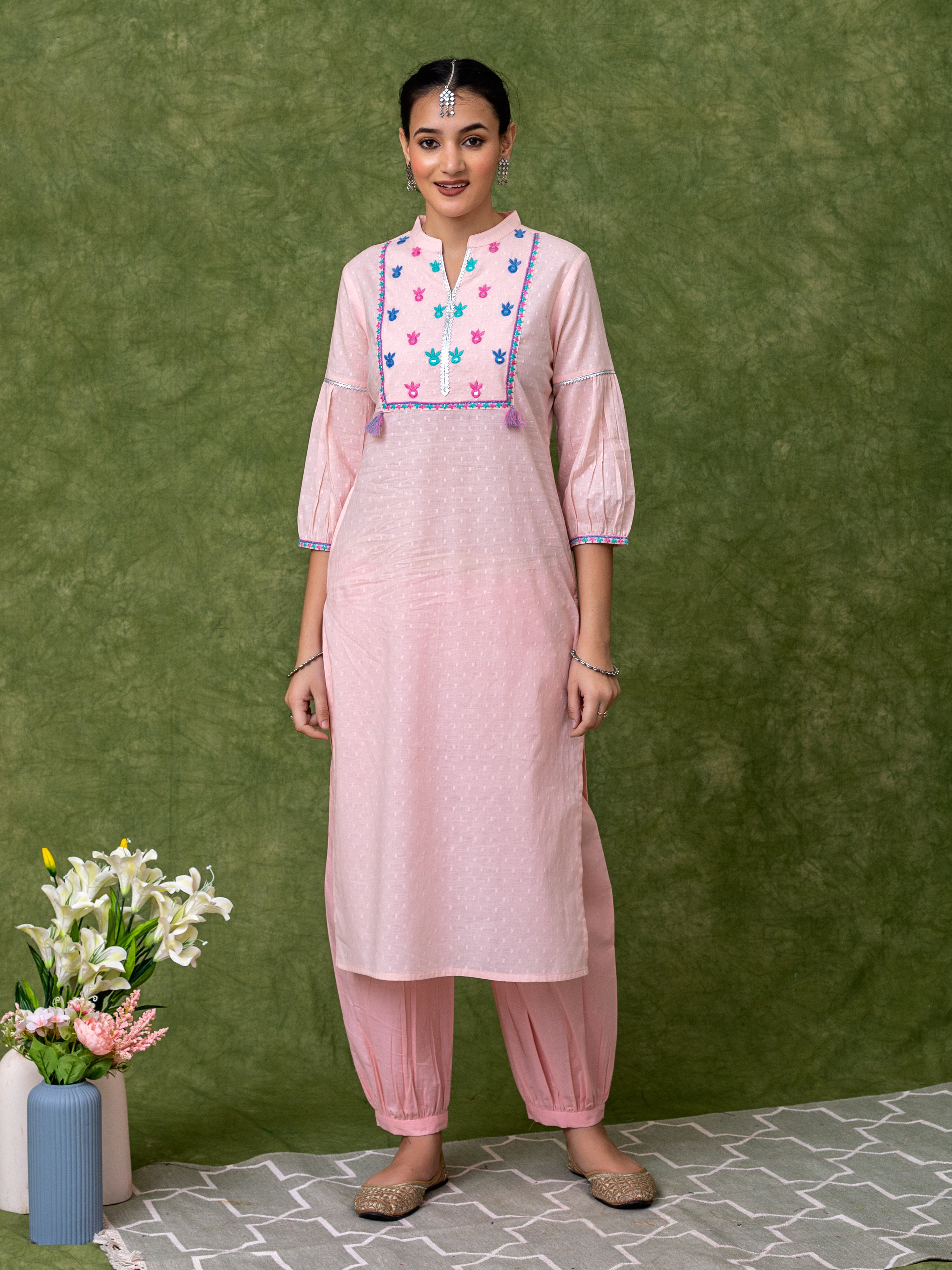 Pink cotton A-line embroidered kurta set with  patiyala  pants