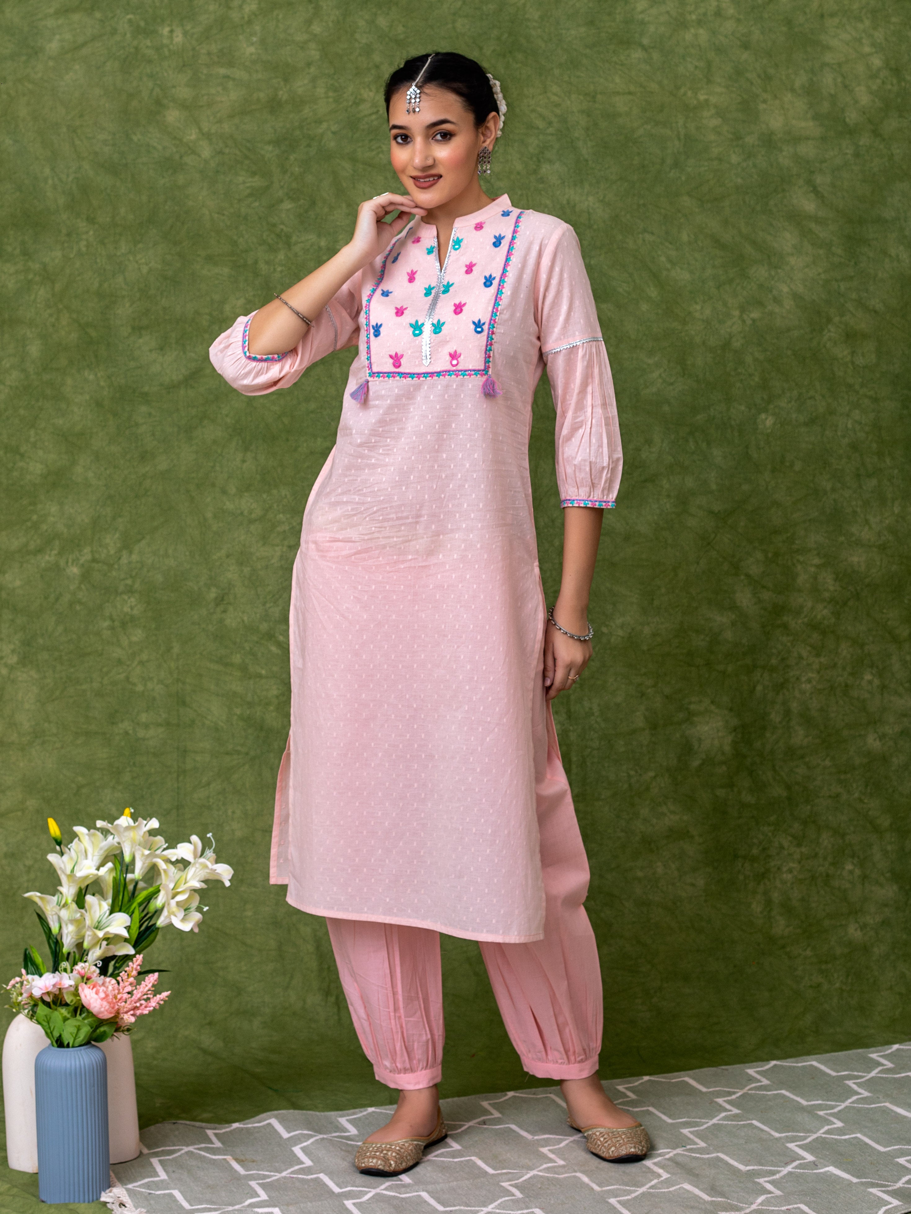 Pink cotton A-line embroidered kurta set with  patiyala  pants