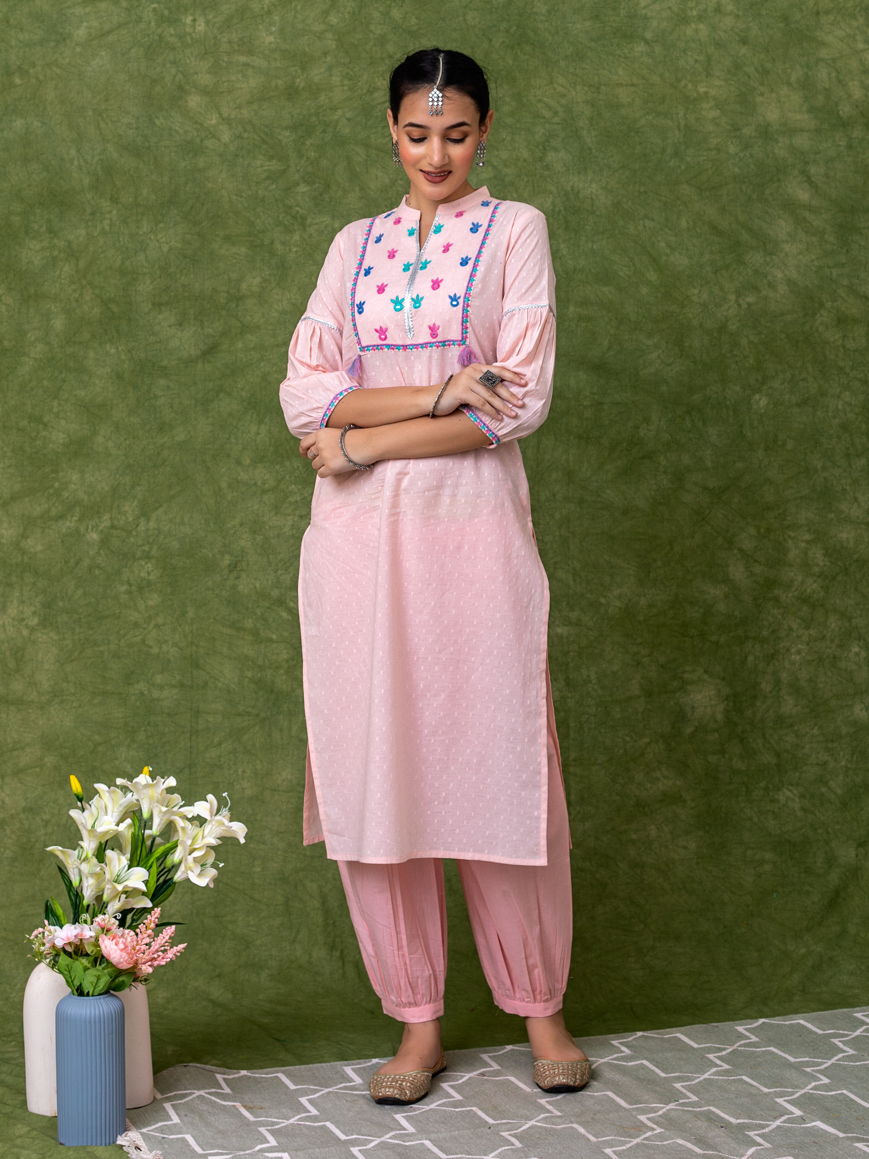 Pink cotton A-line embroidered kurta set with  patiyala  pants