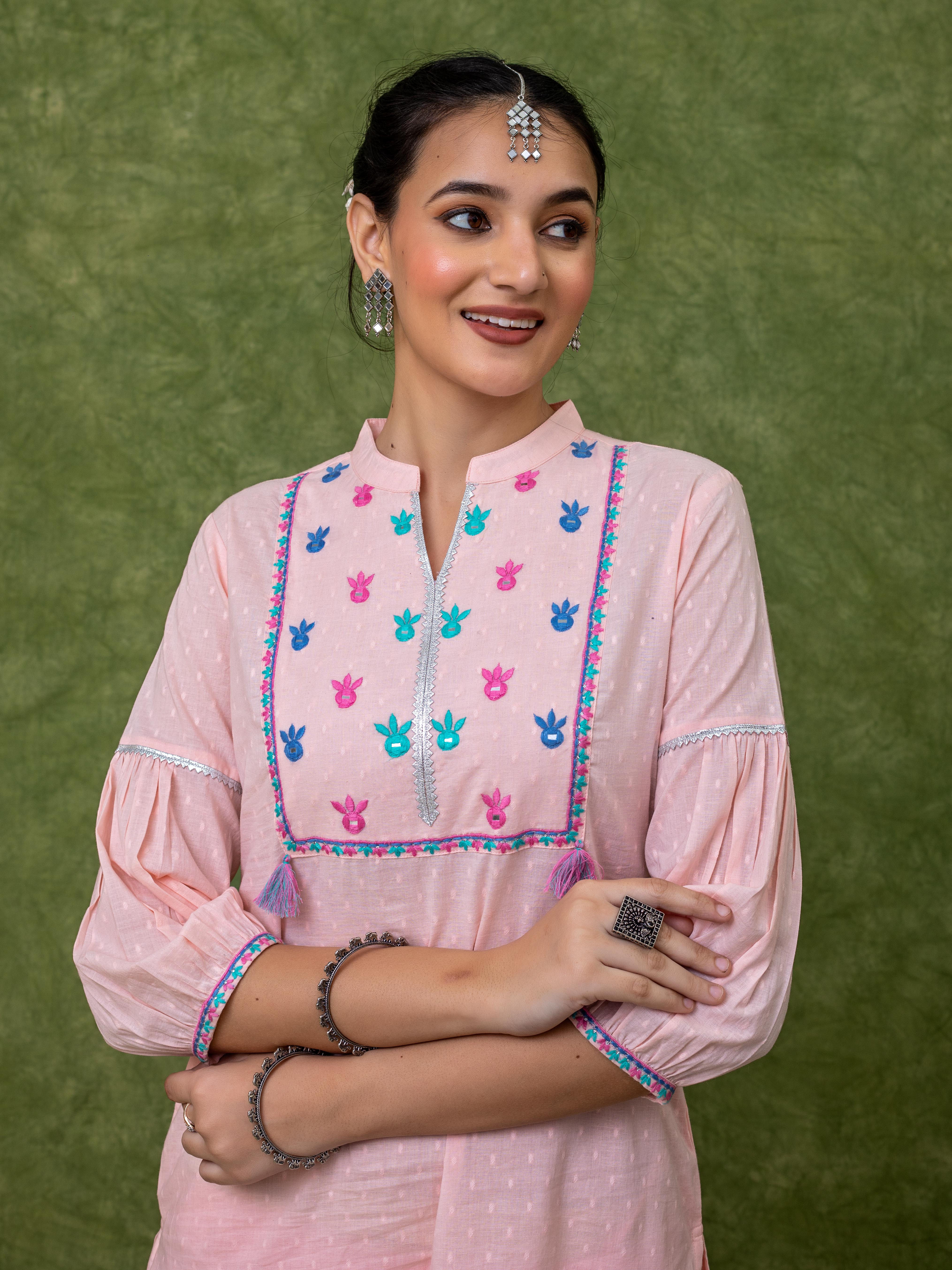 Pink cotton A-line embroidered kurta set with  patiyala  pants