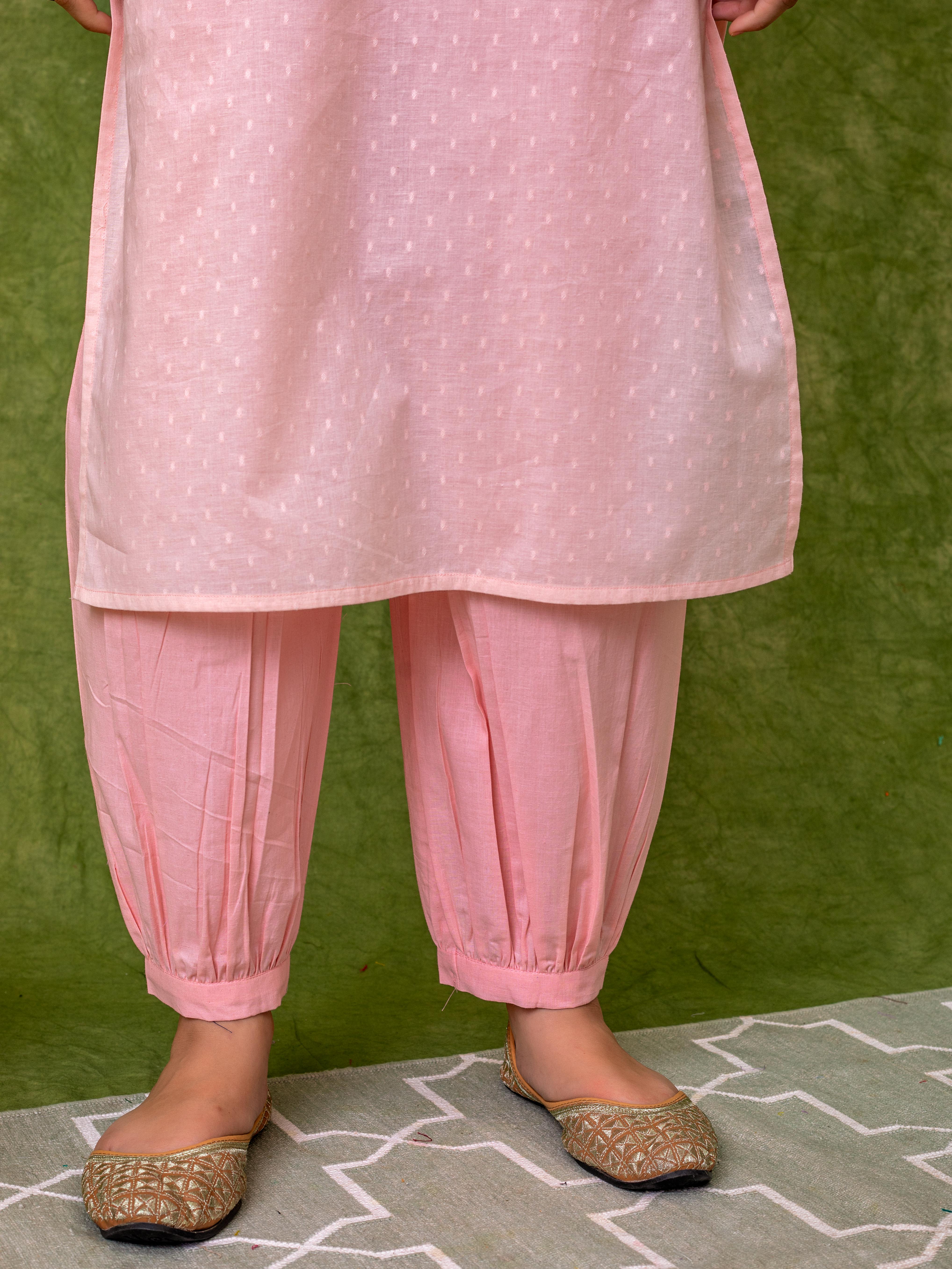 Pink cotton A-line embroidered kurta set with  patiyala  pants