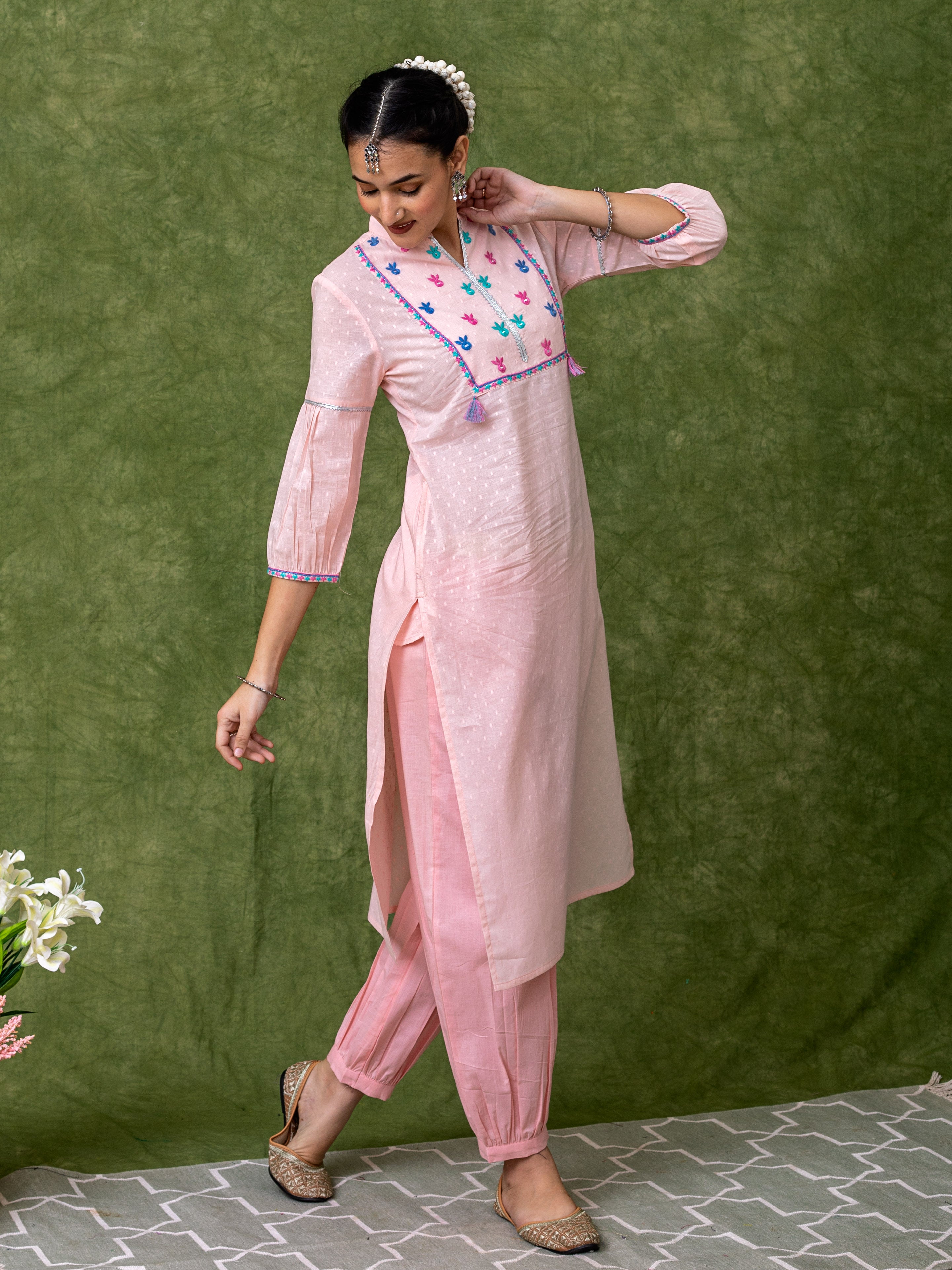 Pink cotton A-line embroidered kurta set with  patiyala  pants