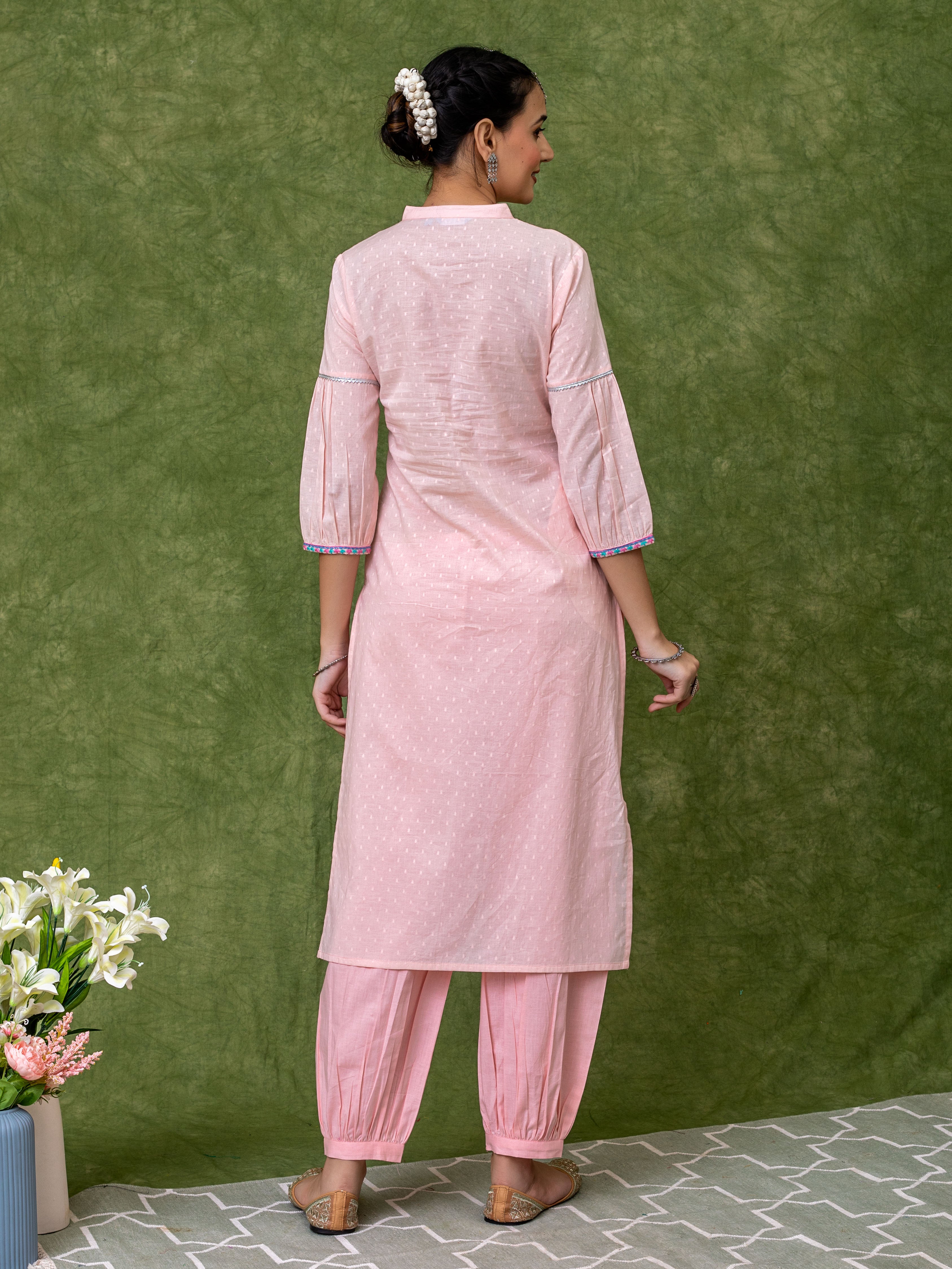 Pink cotton A-line embroidered kurta set with  patiyala  pants