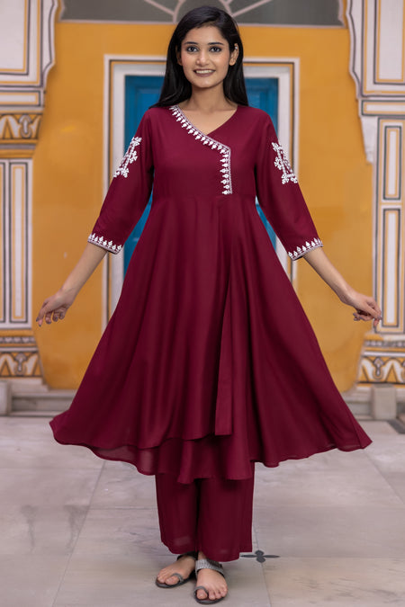 Rayon flared Maroon Kurta Set