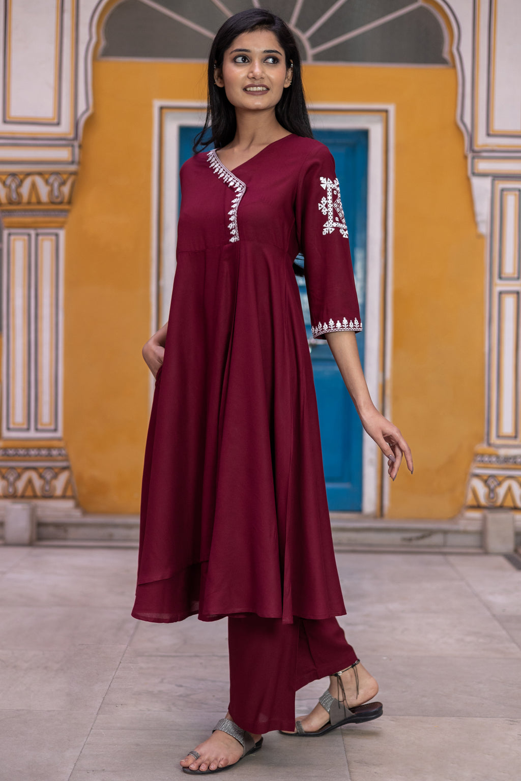 Rayon flared Maroon Kurta Set