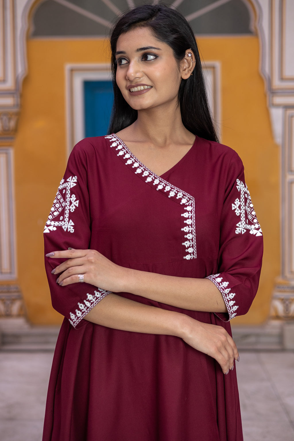 Rayon flared Maroon Kurta Set