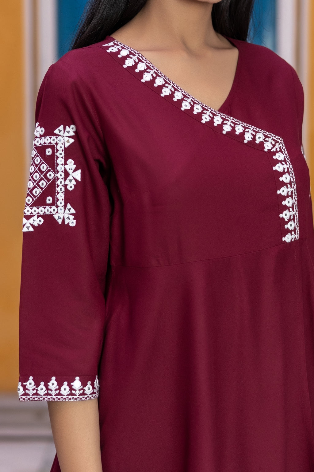 Rayon flared Maroon Kurta Set