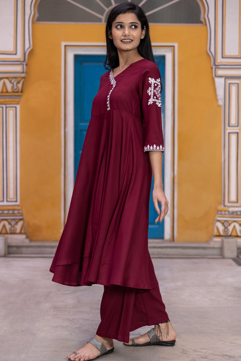 Rayon flared Maroon Kurta Set