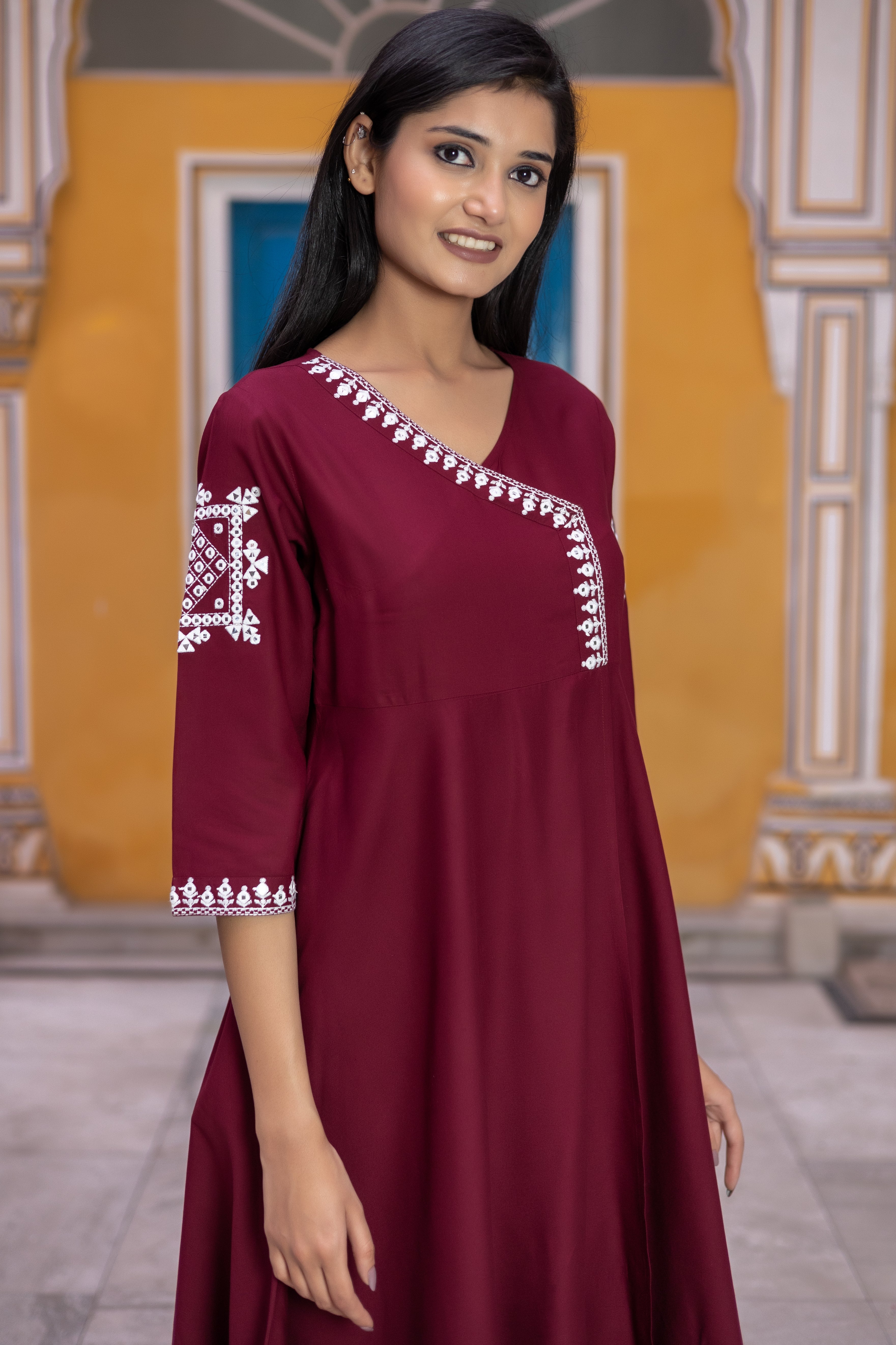Rayon flared Maroon Kurta Set