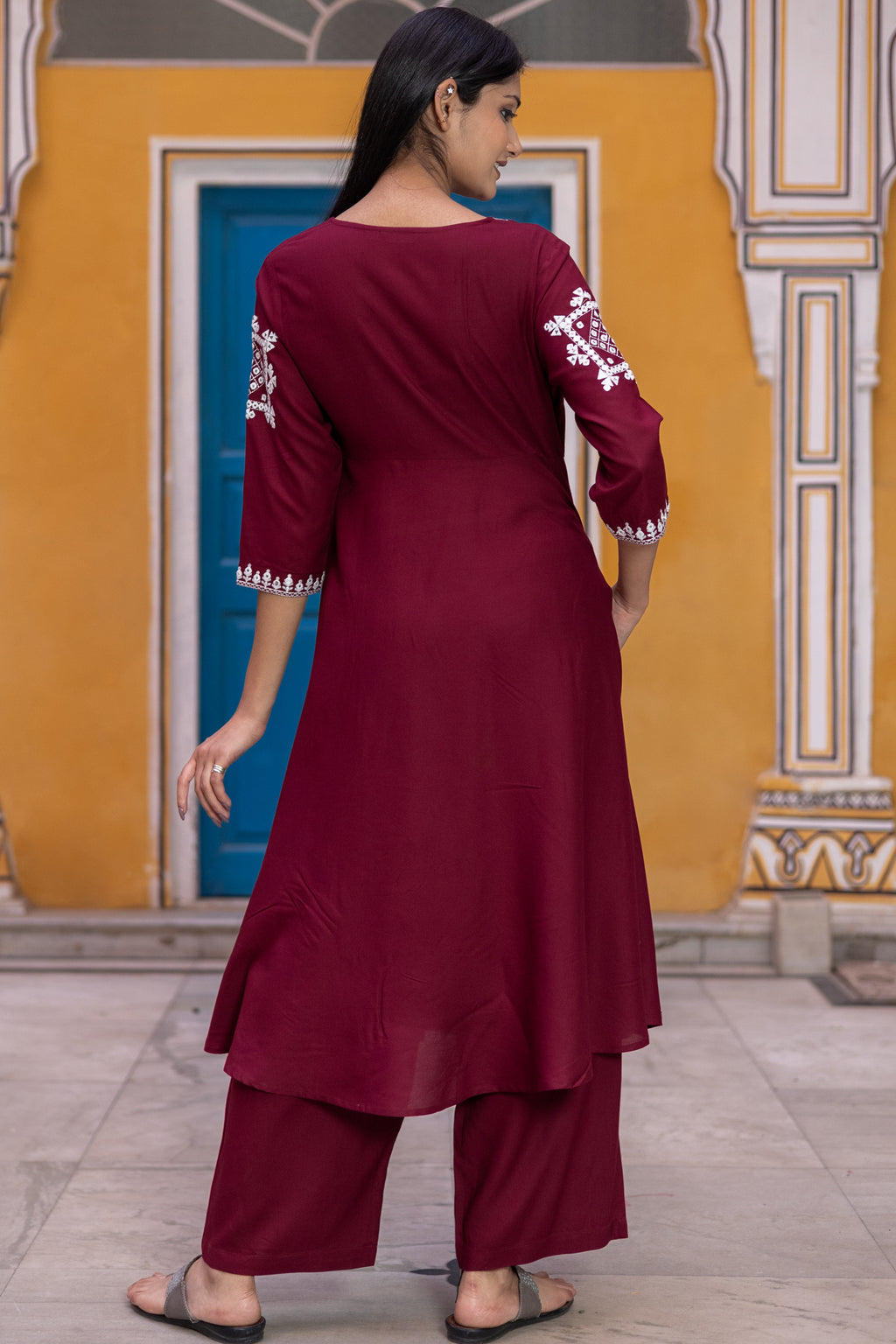 Rayon flared Maroon Kurta Set