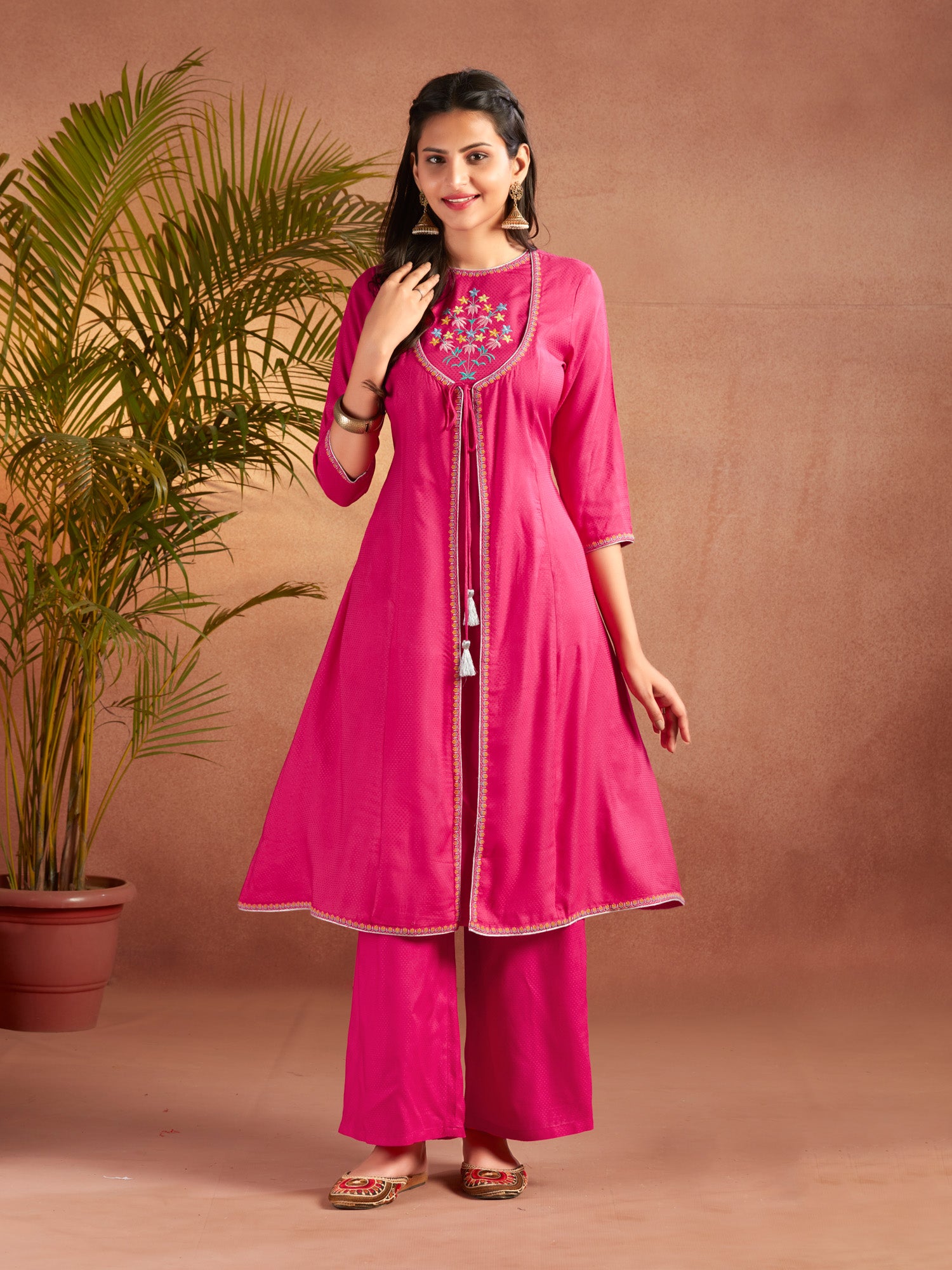Pink Viscose Embroidered Flared Kurta With Palazzo