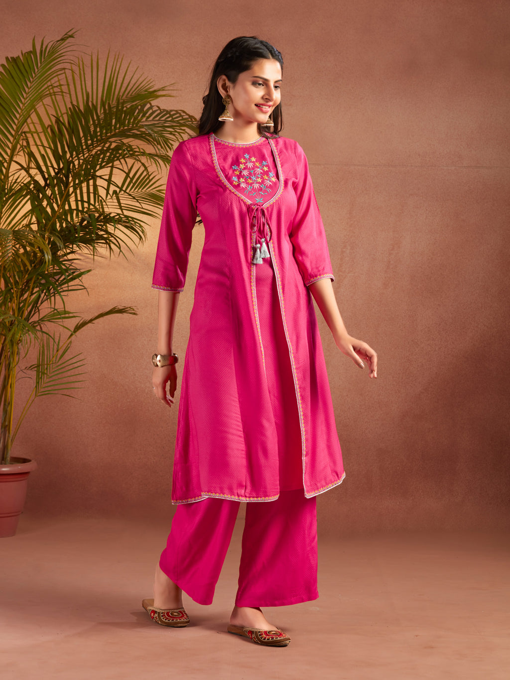 Pink Viscose Embroidered Flared Kurta With Palazzo