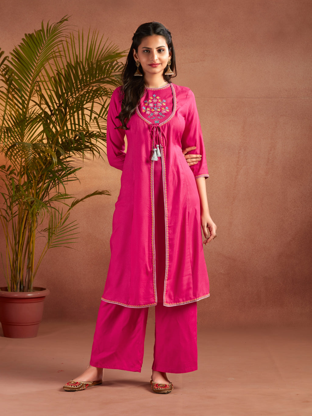 Pink Viscose Embroidered Flared Kurta With Palazzo