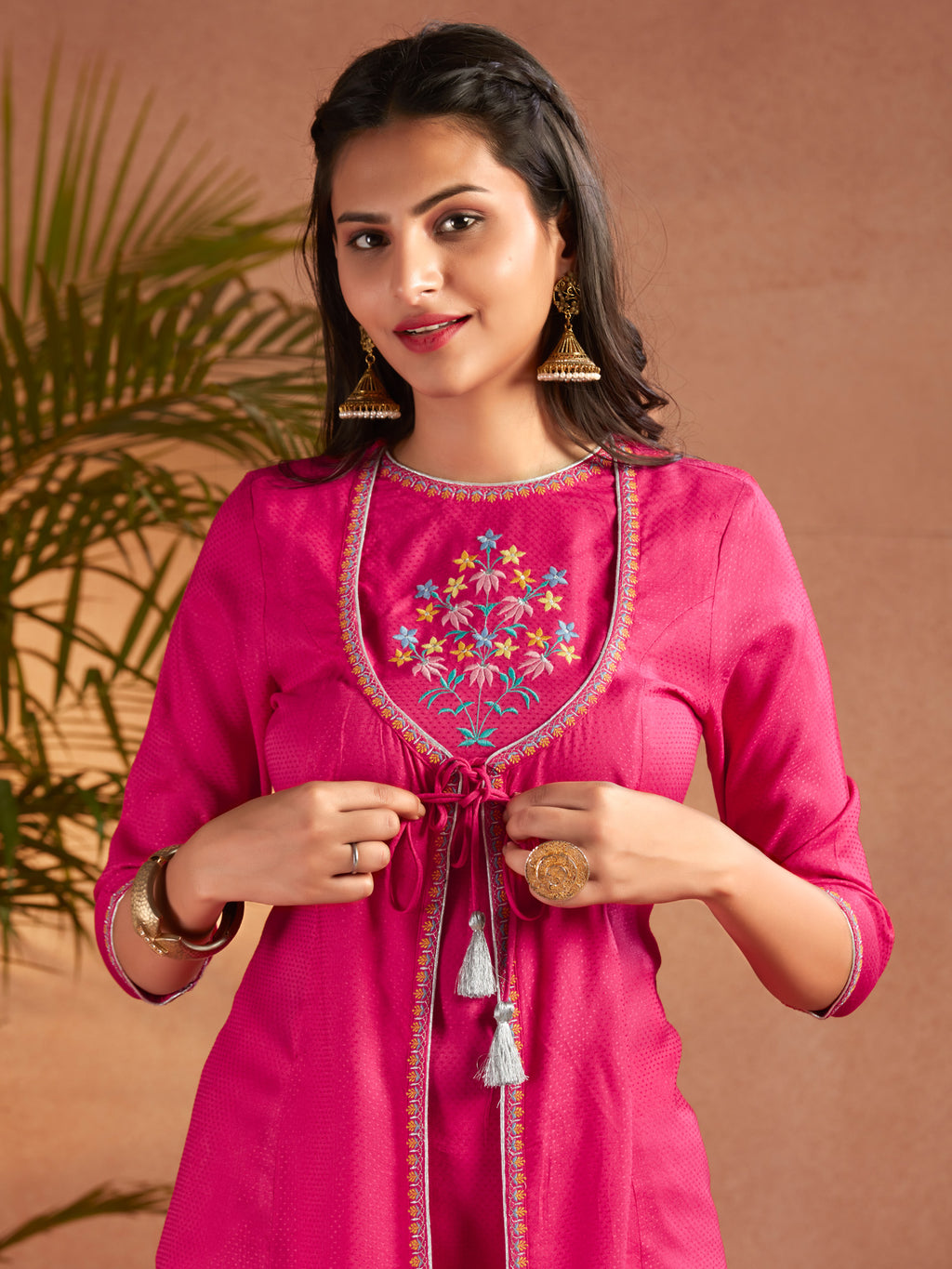 Pink Viscose Embroidered Flared Kurta With Palazzo