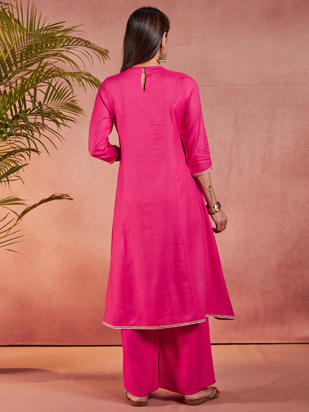 Pink Viscose Embroidered Flared Kurta With Palazzo