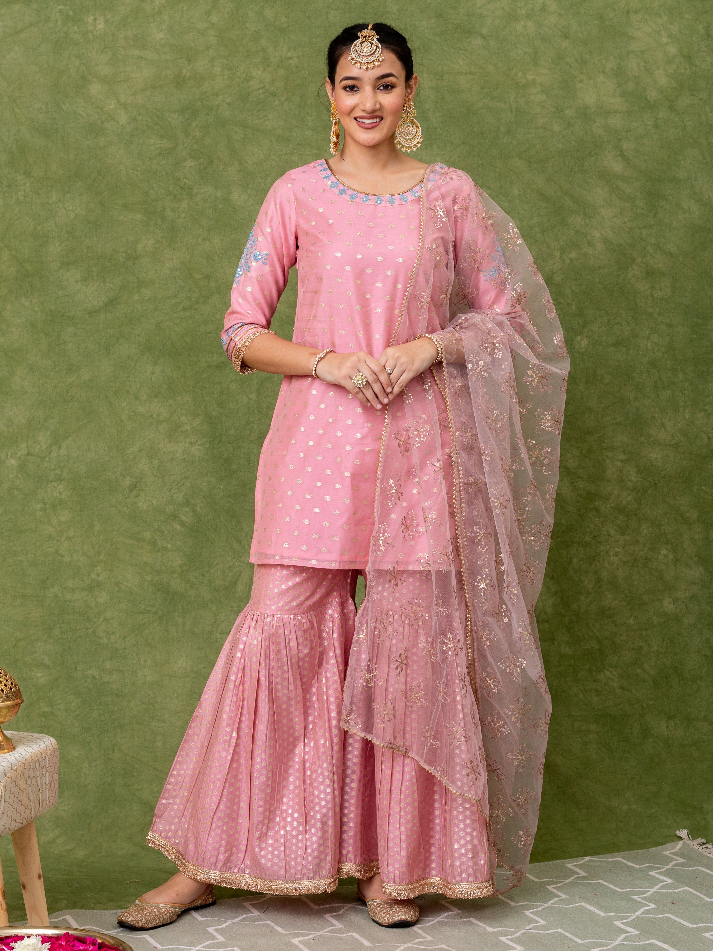 Pink Jacquard Embroidered Straight Kurti with Sharara Paired with Dupatta