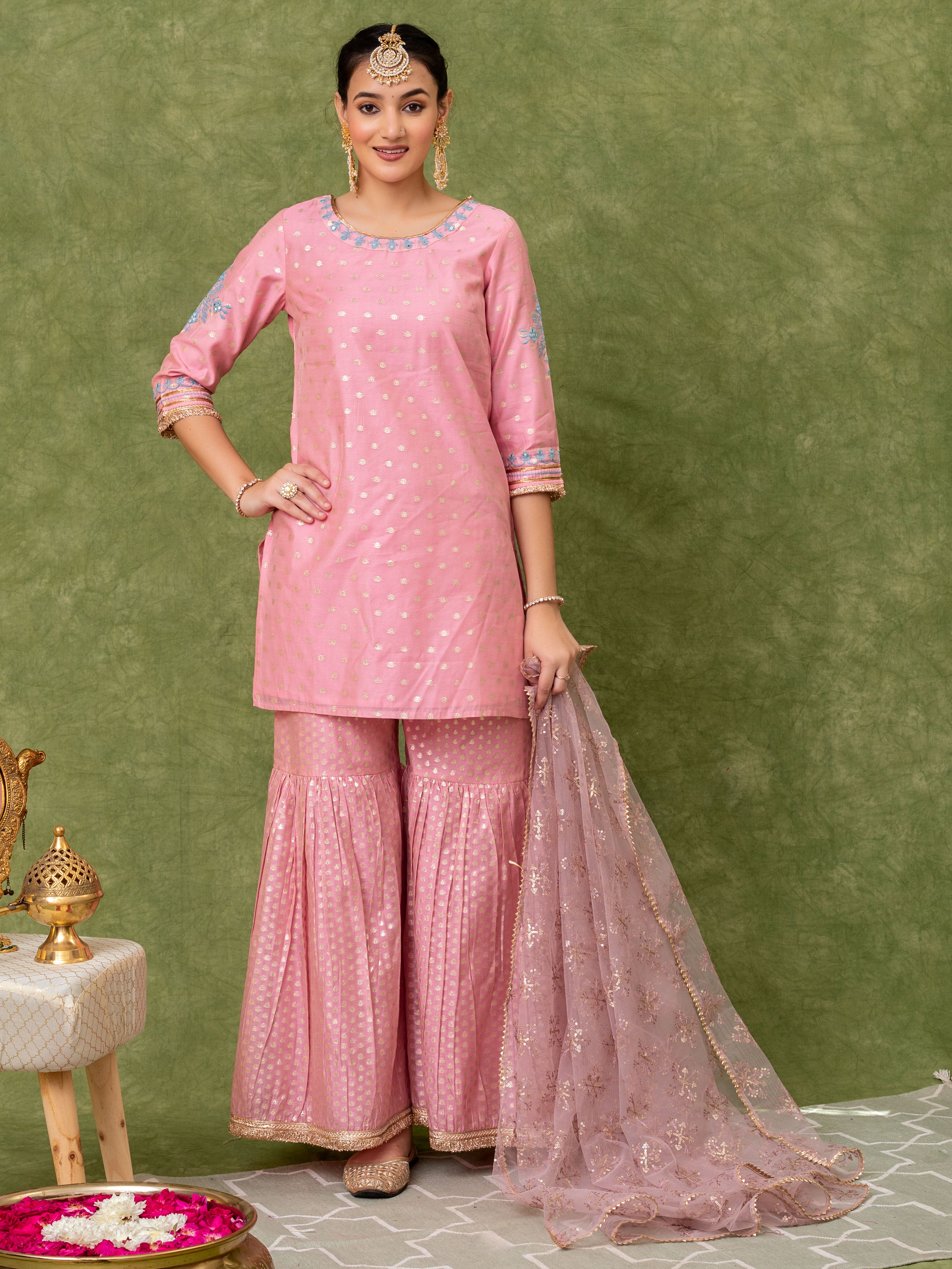 Pink Jacquard Embroidered Straight Kurti with Sharara Paired with Dupatta