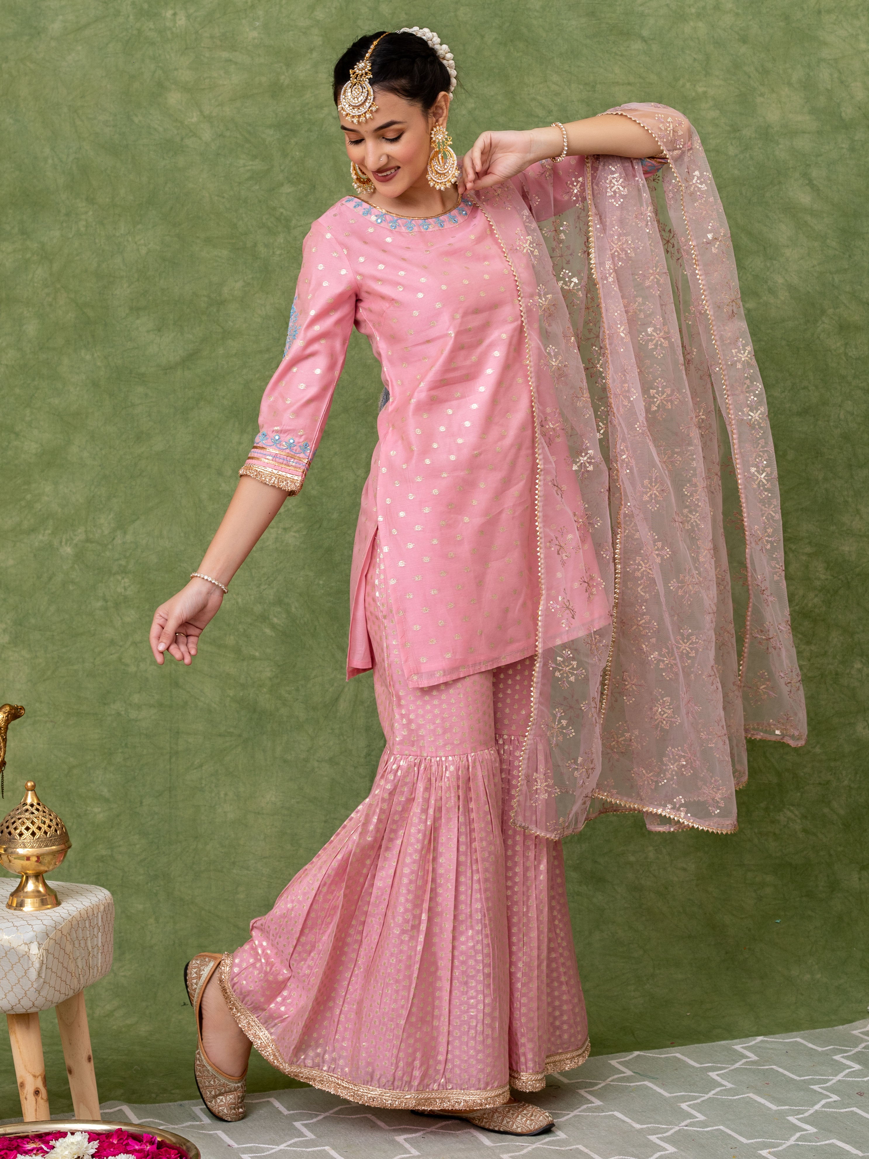 Pink Jacquard Embroidered Straight Kurti with Sharara Paired with Dupatta