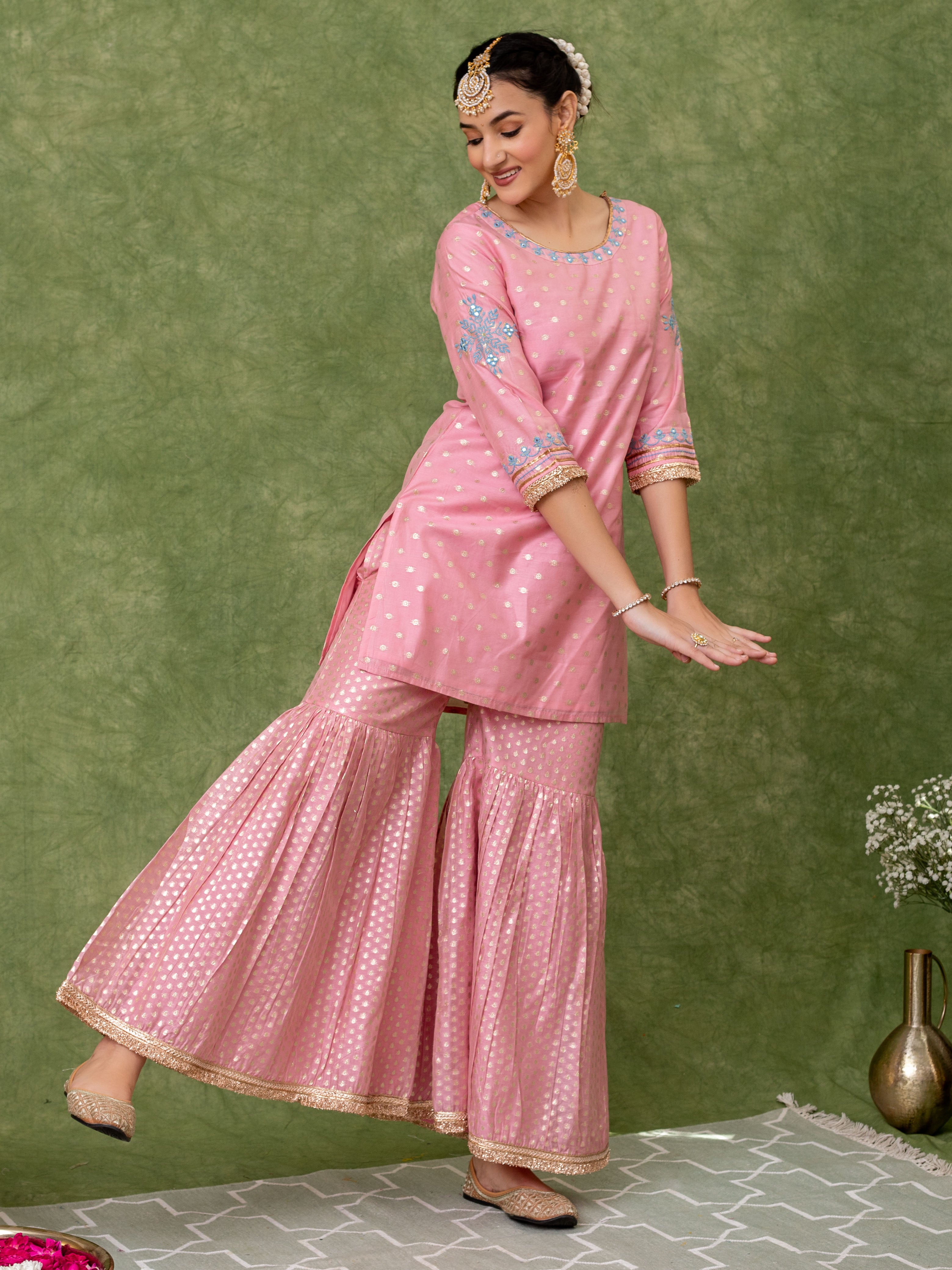 Pink Jacquard Embroidered Straight Kurti with Sharara Paired with Dupatta